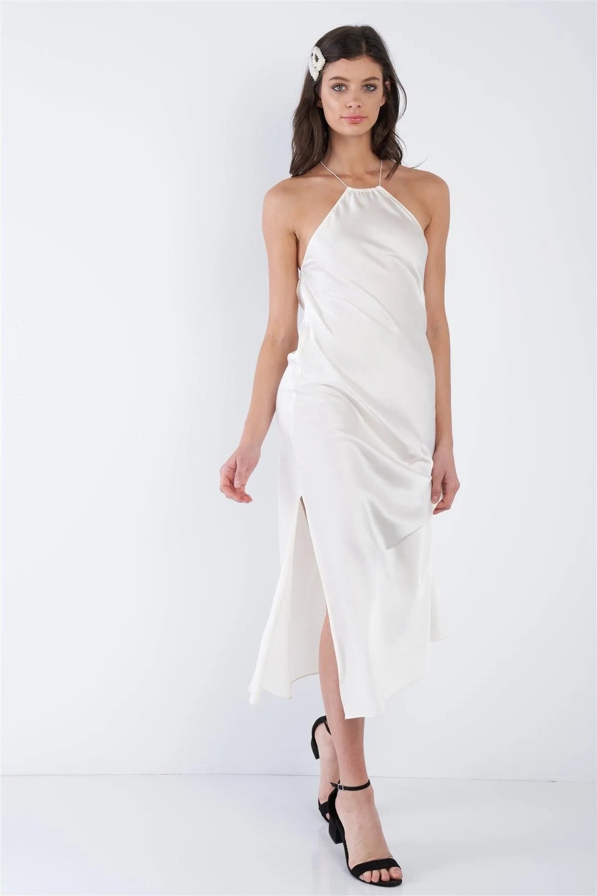 Ivory Silk Halter Side Slit Criss-Cross Open Back Midi Dress /3-2-1 - Tasha Apparel Wholesale