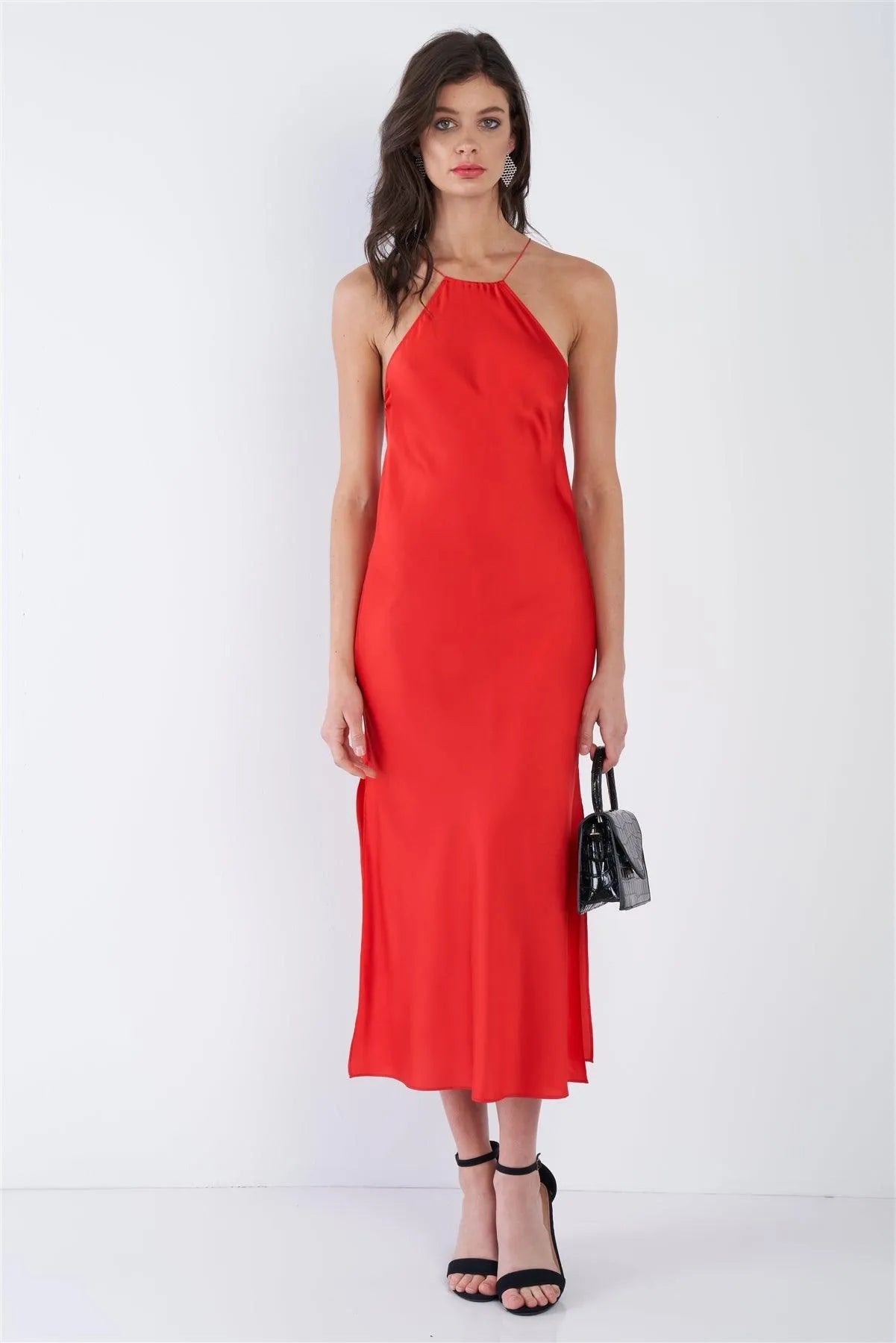 Red Silk Halter Side Slit Criss-Cross Open Back Midi Dress /3-2-1 Red Silk Halter Side Slit Criss-Cross Open Back Midi Dress /3-2-1