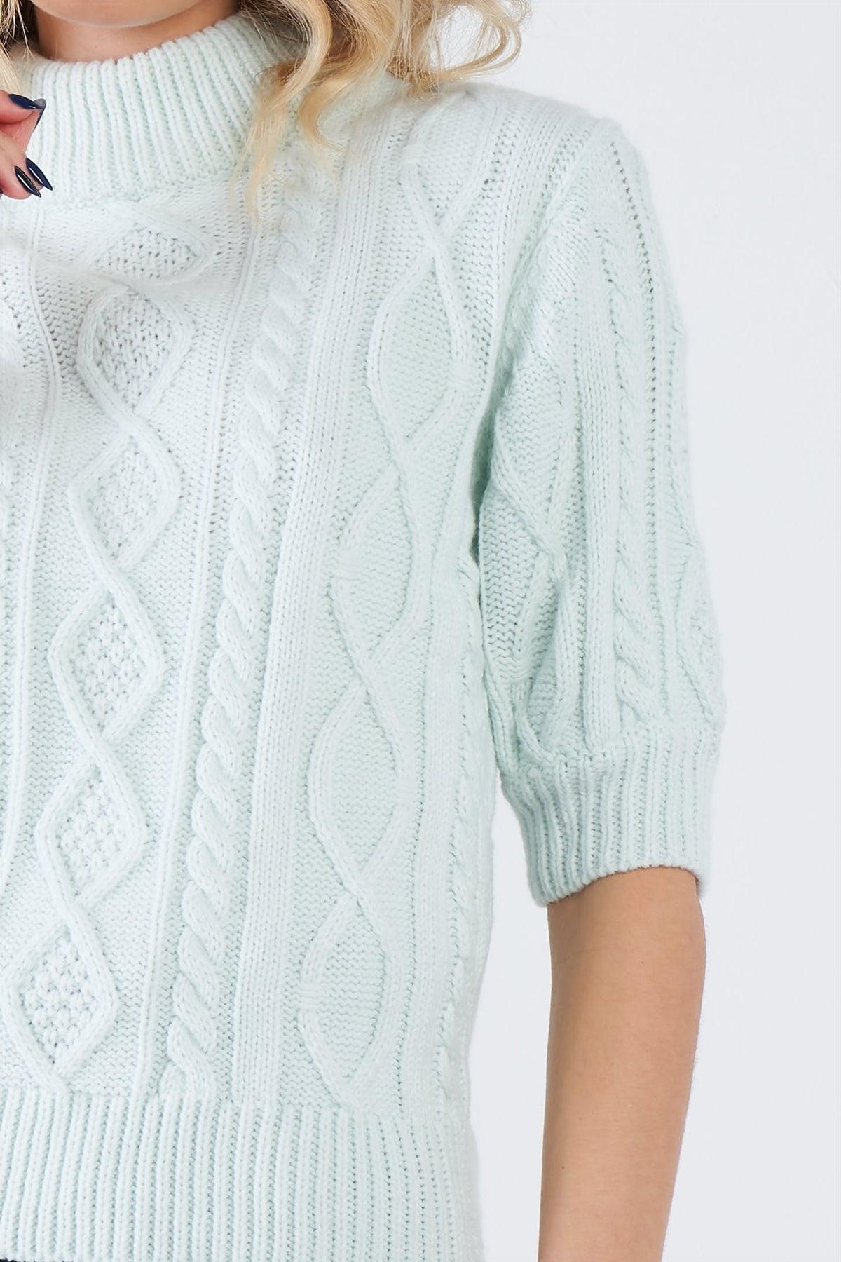 Cloud Blue Cable Knit Casual 3/4 Sleeve Mock Neck Chic Sweater