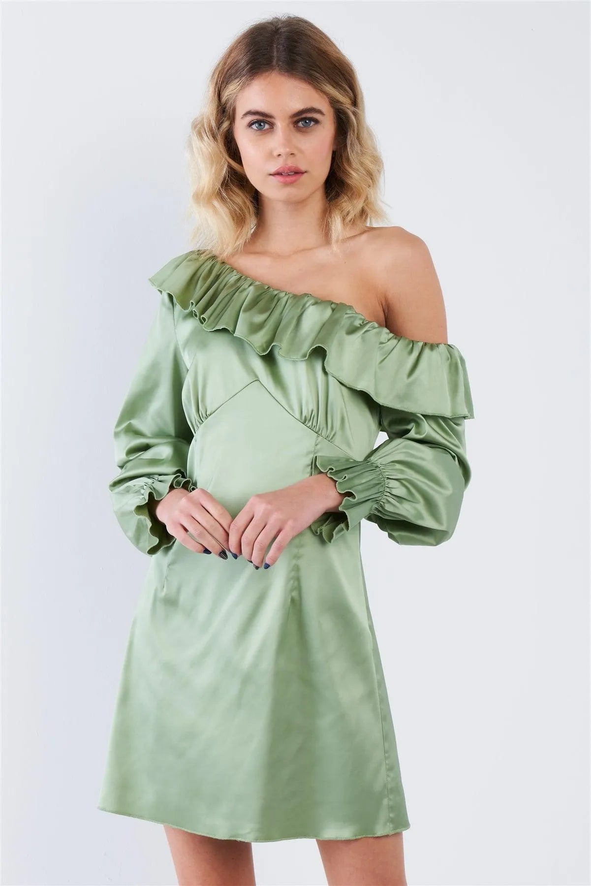 Silk Sage Green Vintage One Shoulder Ruffle Trim Mini Dress /3-2-1 Silk Sage Green Vintage One Shoulder Ruffle Trim Mini Dress /3-2-1