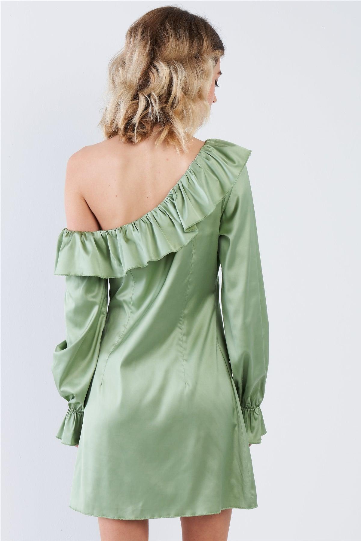 Silk Sage Green Vintage One Shoulder Ruffle Trim Mini Dress