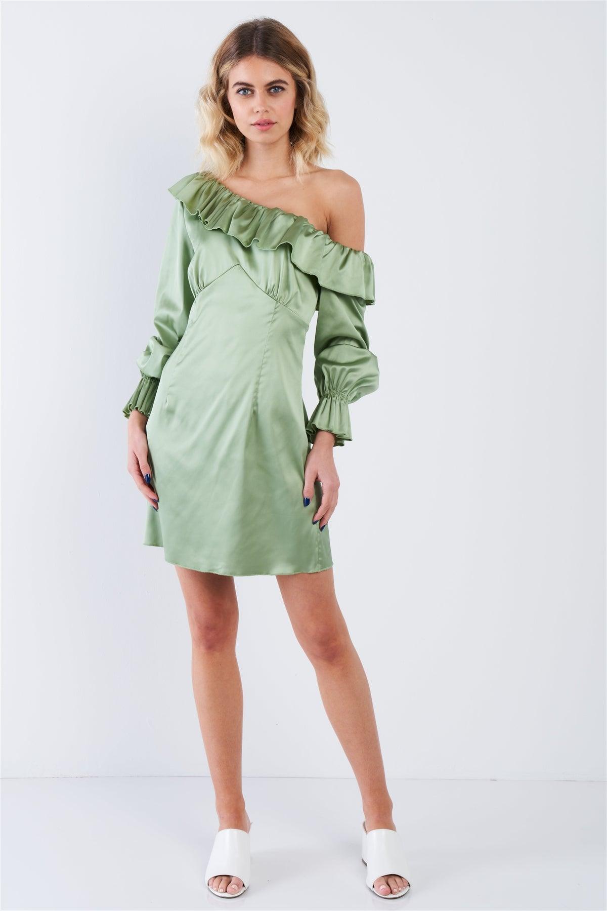 Silk Sage Green Vintage One Shoulder Ruffle Trim Mini Dress