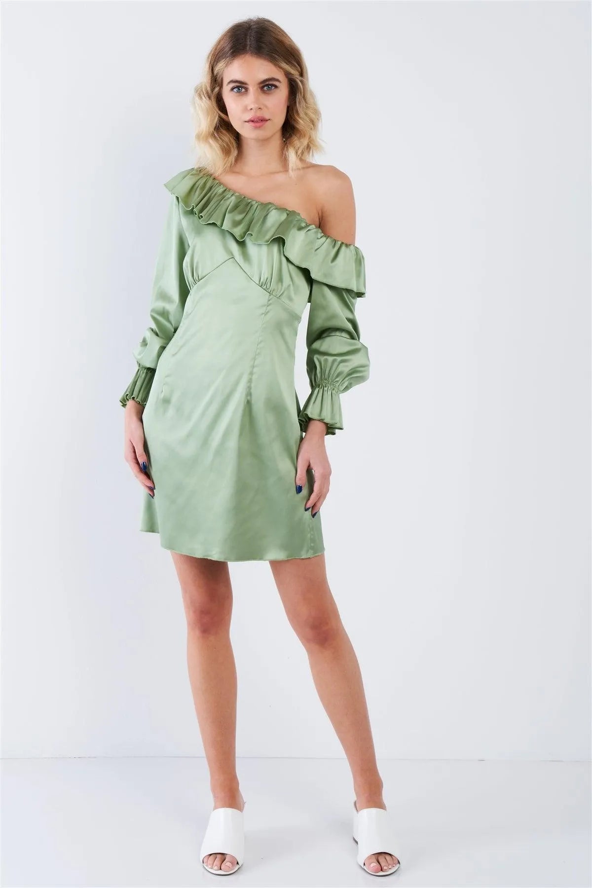 Silk Sage Green Vintage One Shoulder Ruffle Trim Mini Dress - Tasha Apparel Wholesale