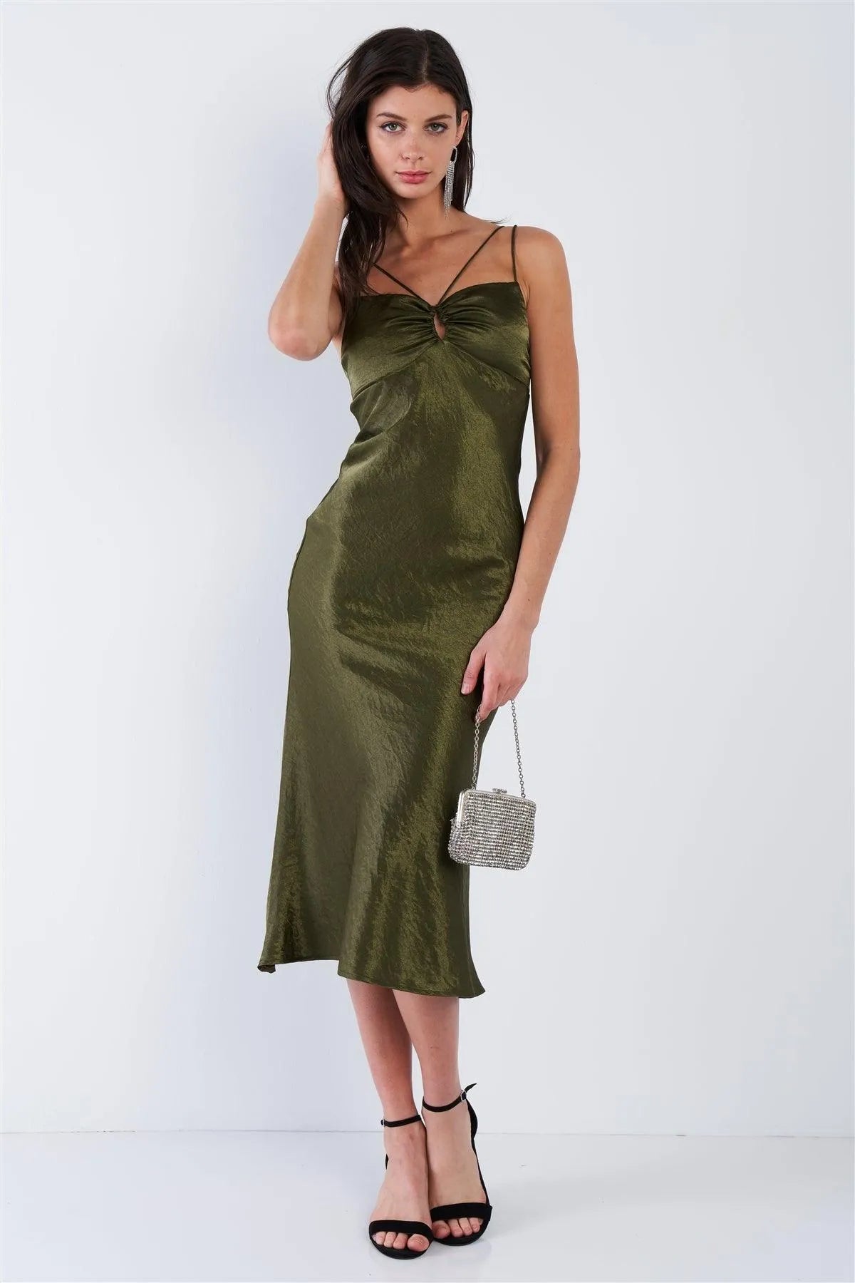 Olive Satin Strappy Center Ruffle Keyhole Midi Summer Dress /3-2-1 - Tasha Apparel Wholesale