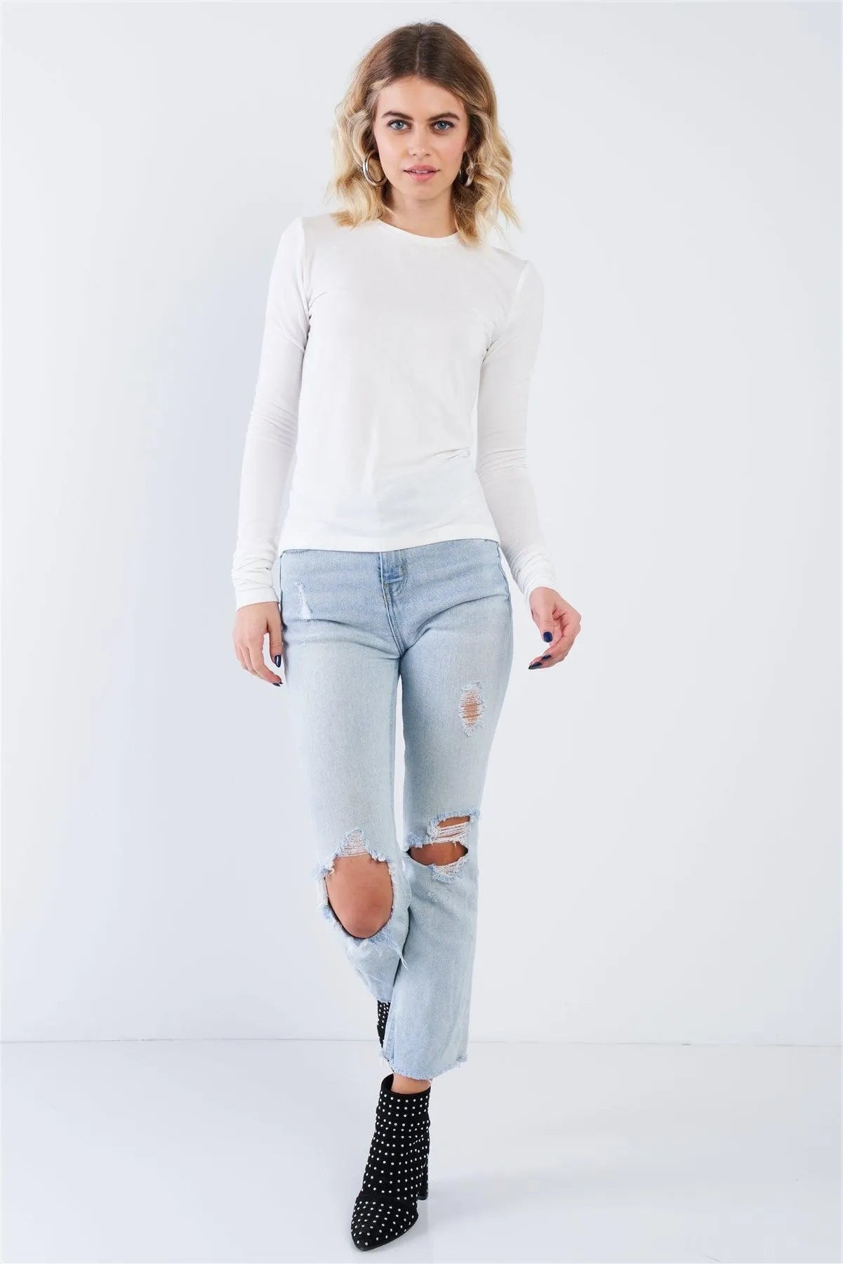 Off-White Open Back Crew Neck Long Sleeve Top /3-2-1 - Tasha Apparel Wholesale