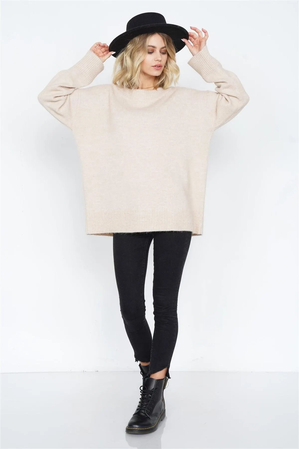Oversized Ribbed Hem Scoop Neck Wool Sweater - Tasha Apparel Wholesale