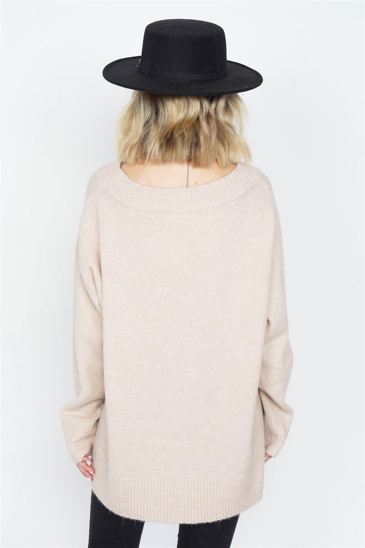 Beige Solid Wool Chic Oversized Ribbed Hem Scoop Neck Sweater
