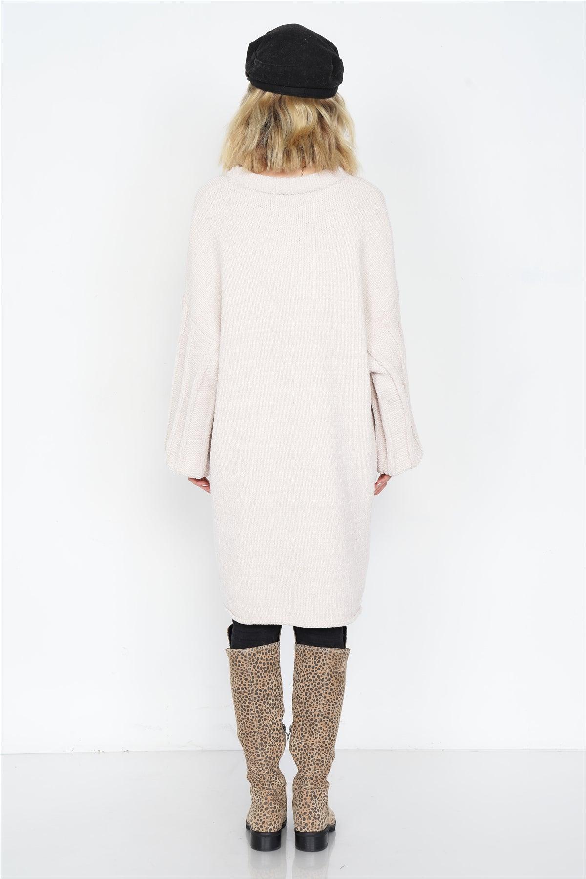 Bone Knit Plush Velvet Puff Sleeve Sweater Mini Dress