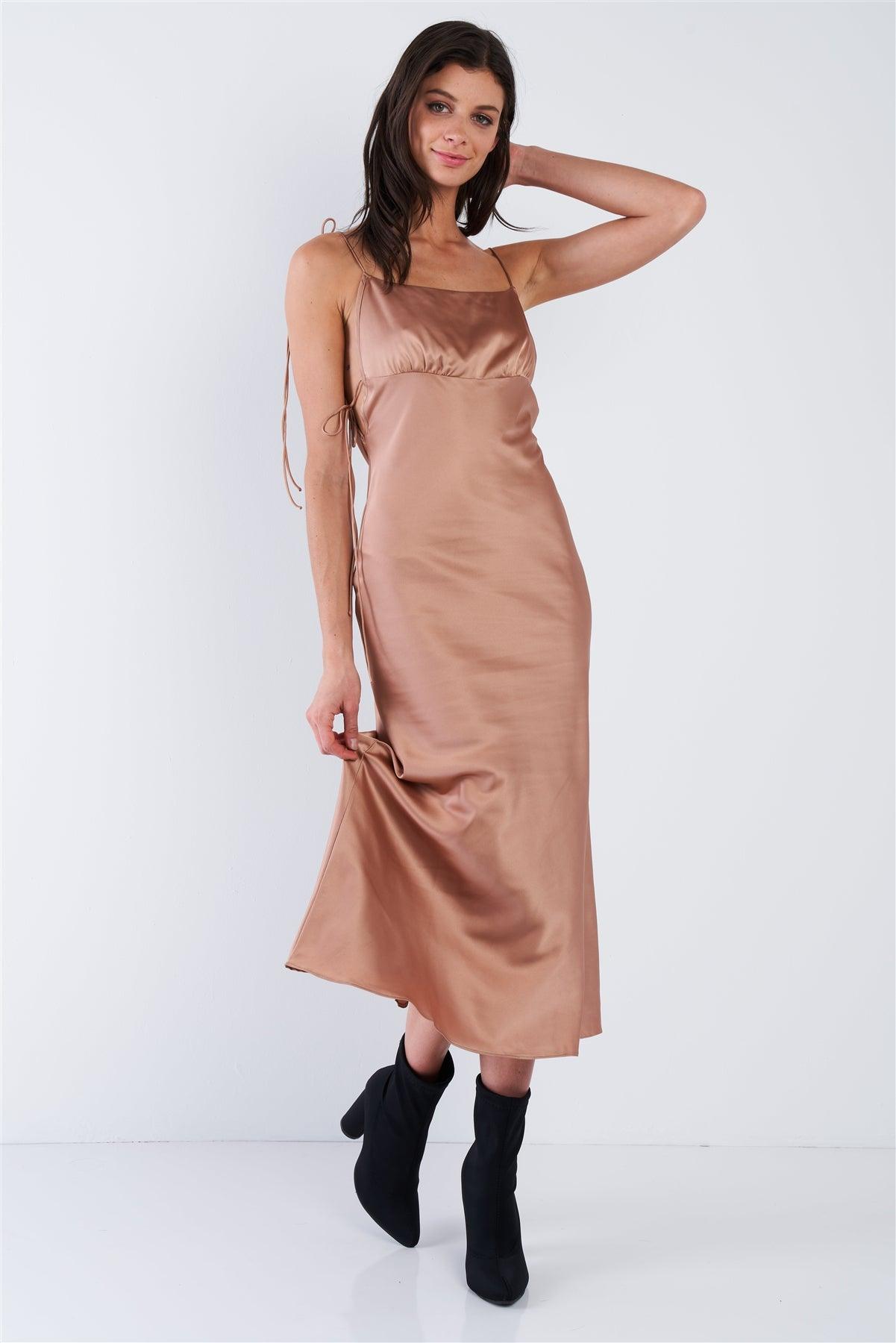 Mocha Brown Silk Scoop Neck Side Cut Out Midi Summer Dress