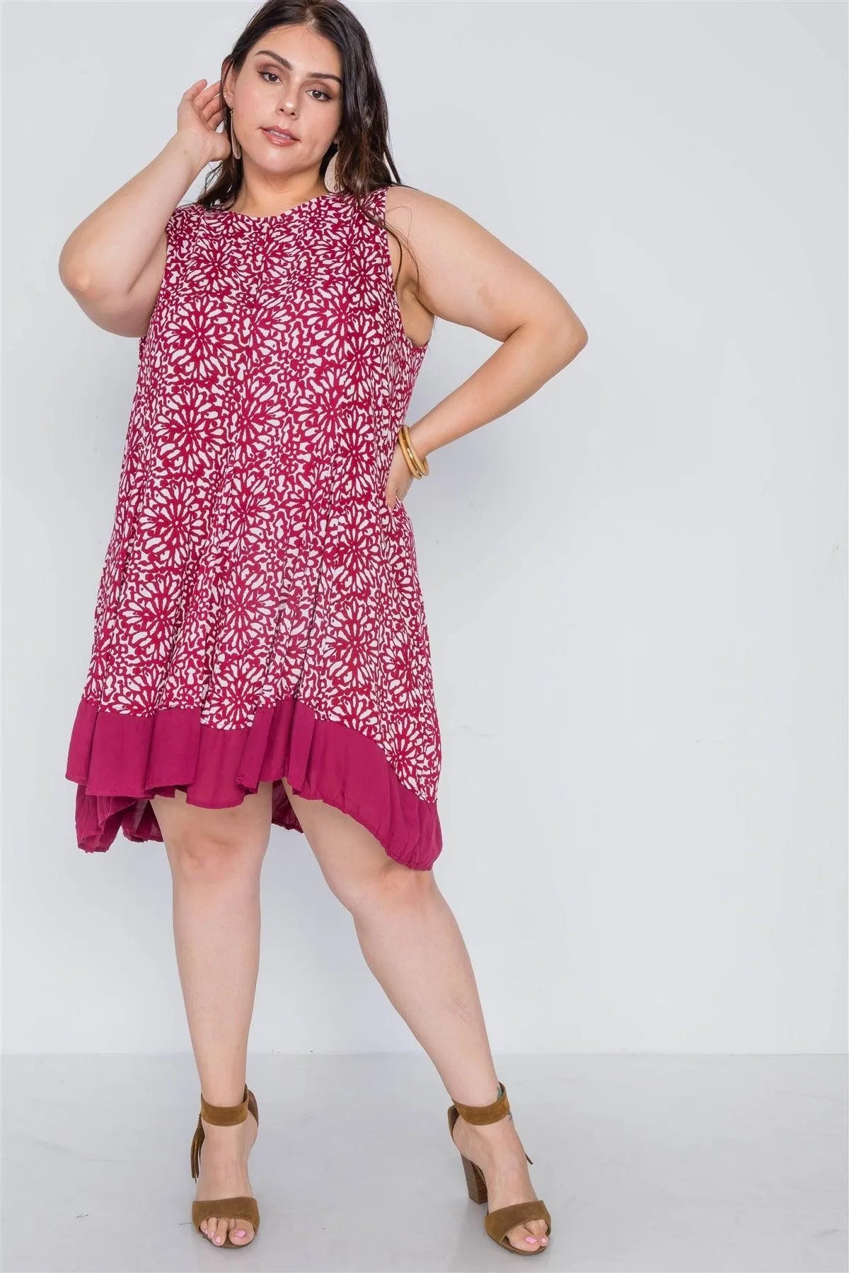 Junior Plus Size Red White Floral Sleeveless Boho Dress /2-2-2 - Tasha Apparel Wholesale
