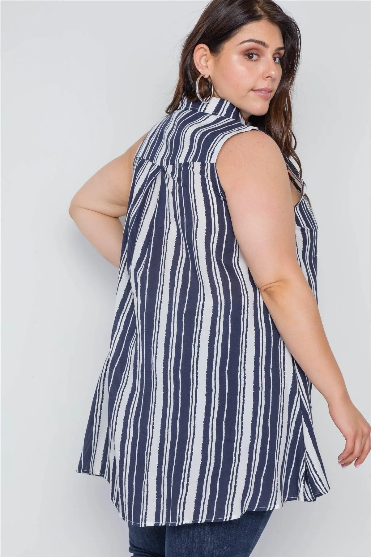Plus Size Navy White Stripe Sleeveless Shirt Dress - Tasha Apparel Wholesale