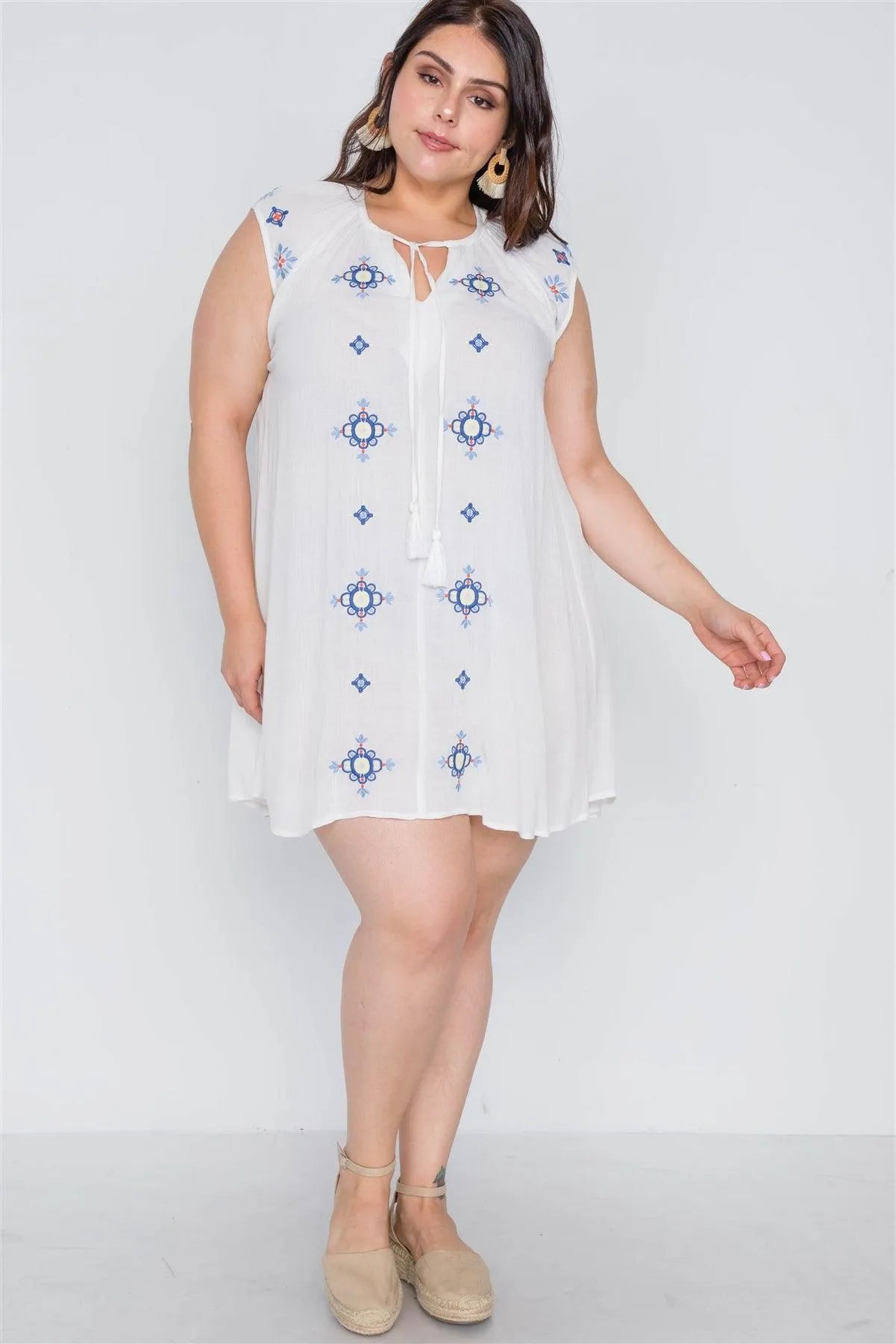Junior Plus Size Off White Floral Embroidery Mini Dress /2-2-2 - Tasha Apparel Wholesale