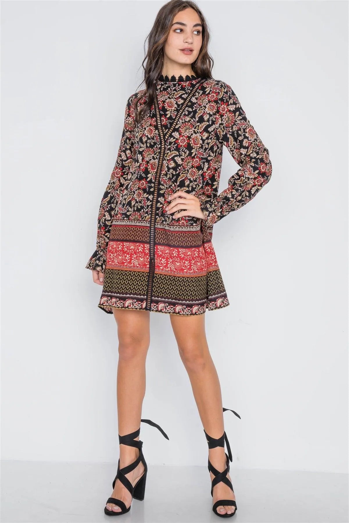 Black Floral Print Crochet Trim Mini Dress /2-2-2 - Tasha Apparel Wholesale