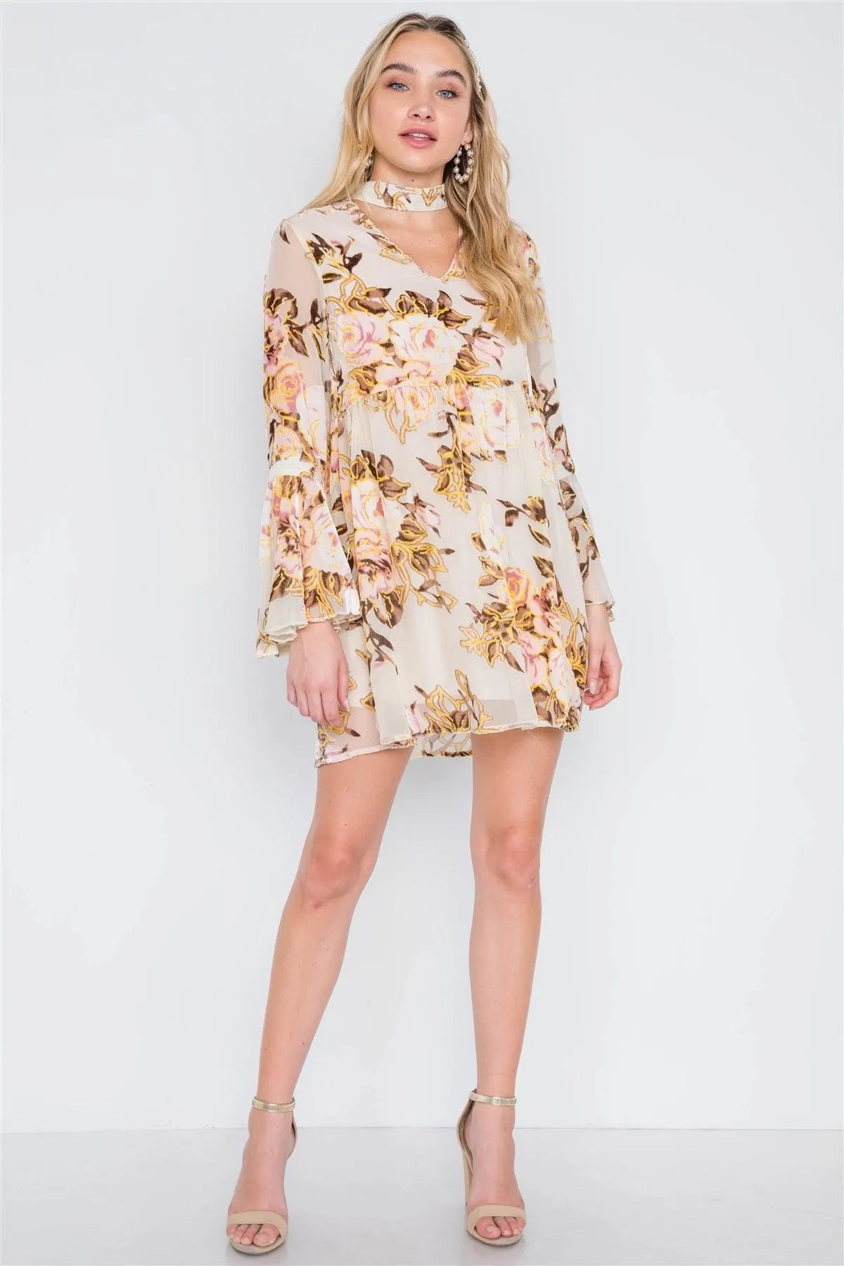 Cream Blush Velvet Floral Bell Sleeve Dress /2-2-2 - Tasha Apparel Wholesale