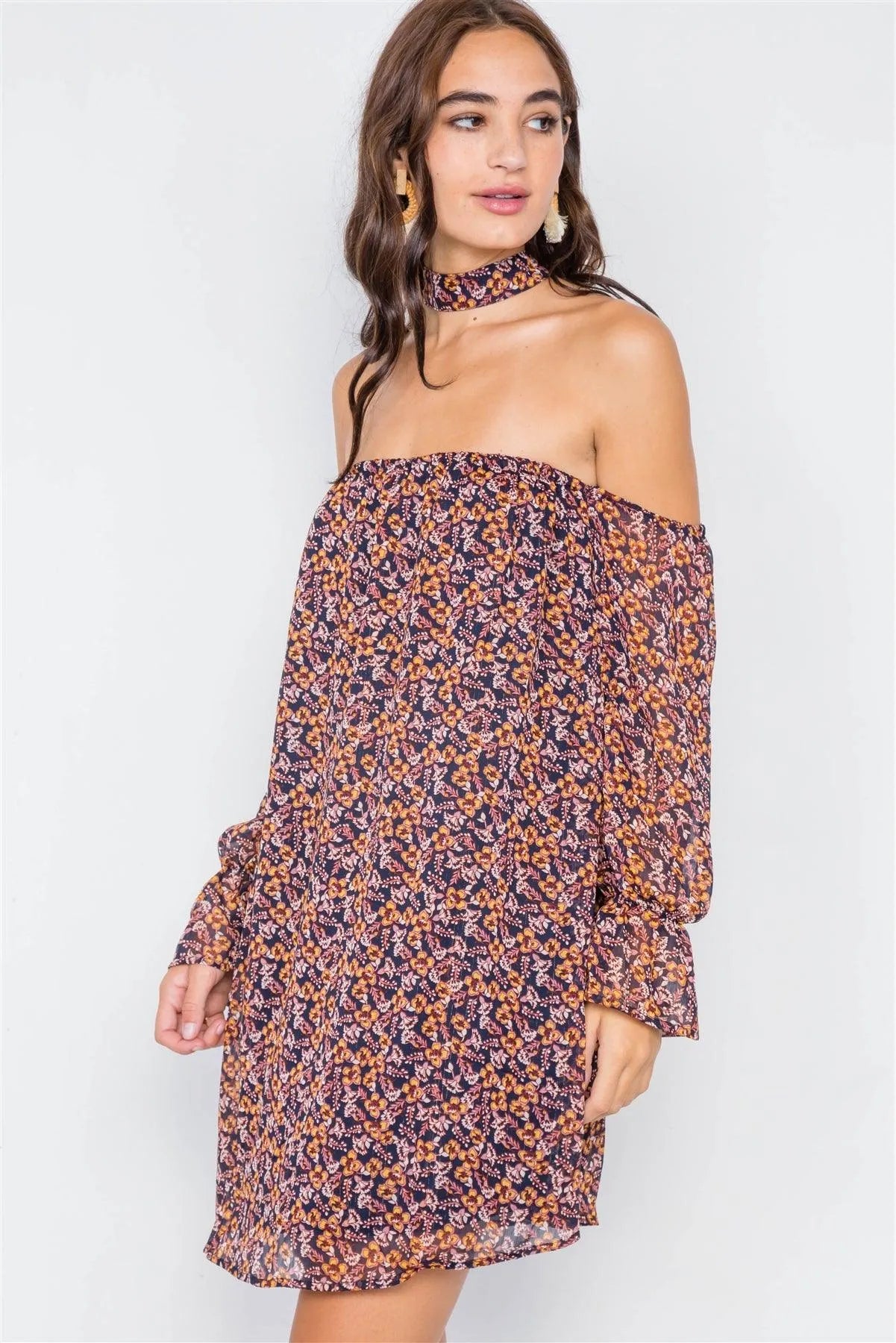 Navy Mustard Floral Print Sheer Mini Dress /2-2-2 - Tasha Apparel Wholesale