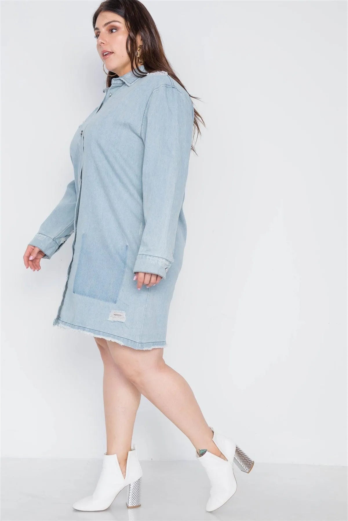 Plus Size Distressed Long Sleeves Denim Jacket - Tasha Apparel Wholesale