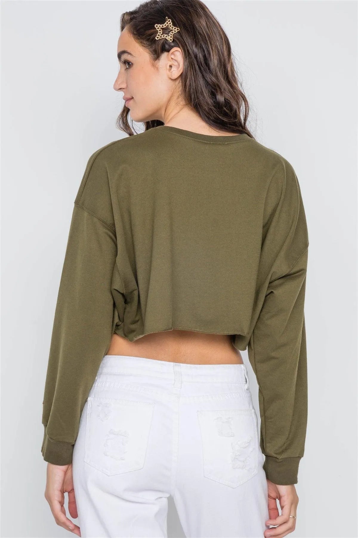 Olive Distressed Zip-Up Colorblock Cropped Sweater /1-2-2 - Tasha Apparel Wholesale