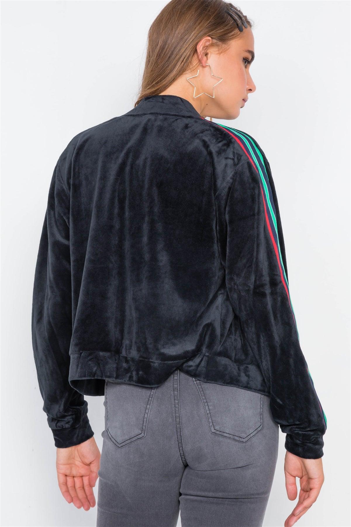 Black Velvet Zip-Up Sporty Long Sleeve Jacket /2-2-2