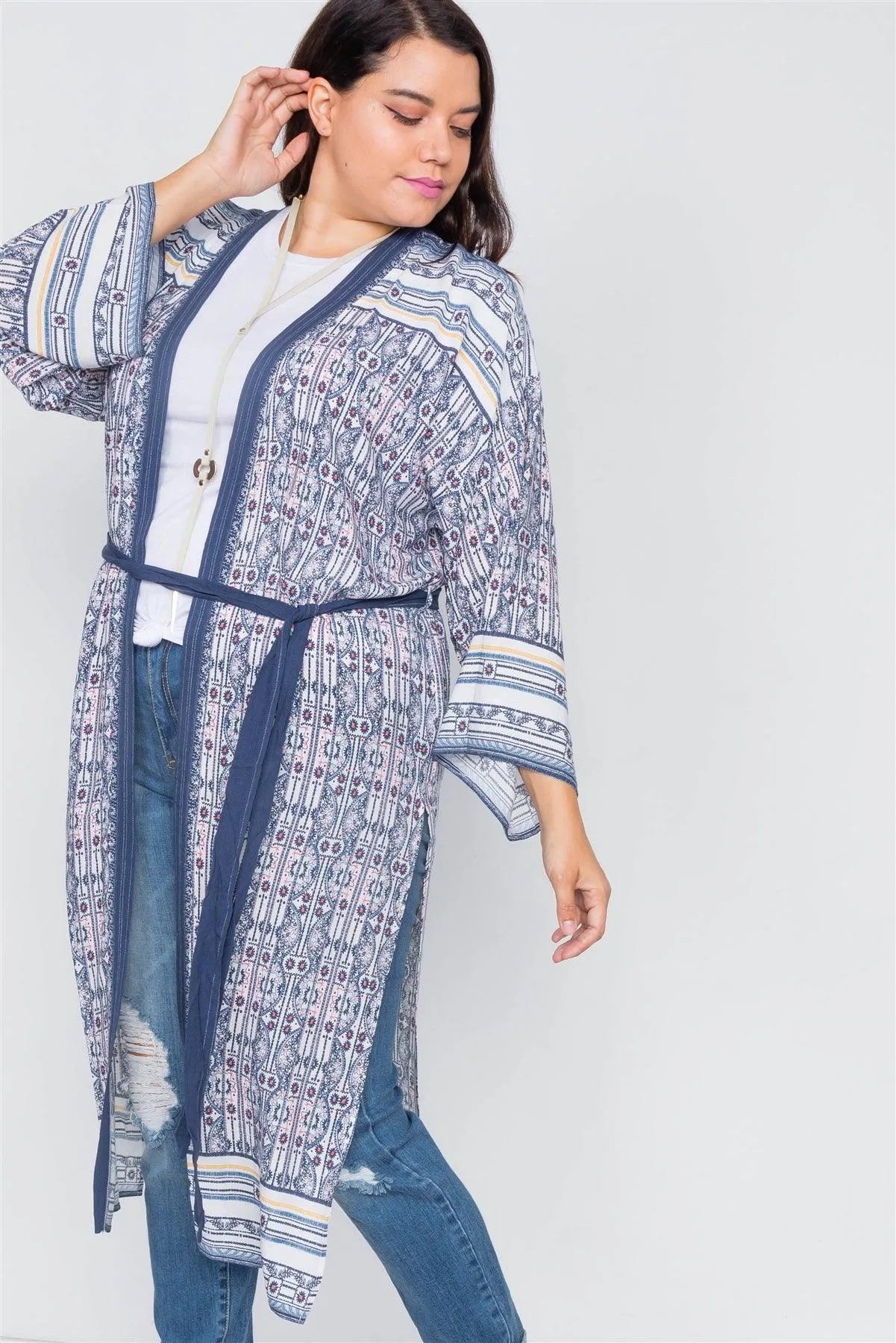 White Navy & Pink Festival boho Print Maxi Kimono - Tasha Apparel Wholesale