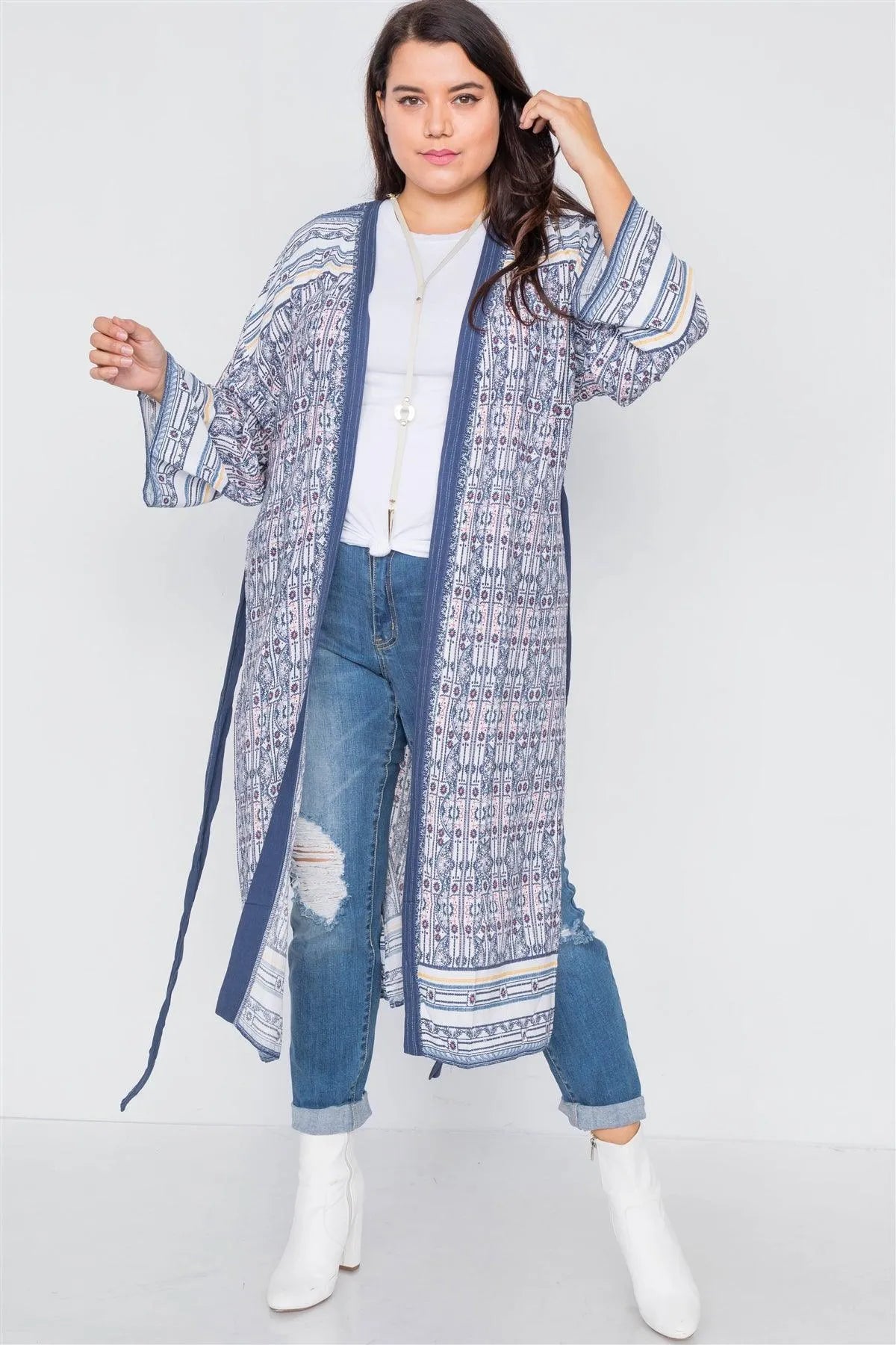 Plus Size White Navy & Pink Festival Boho Print Maxi Kimono /2-2-2 - Tasha Apparel Wholesale