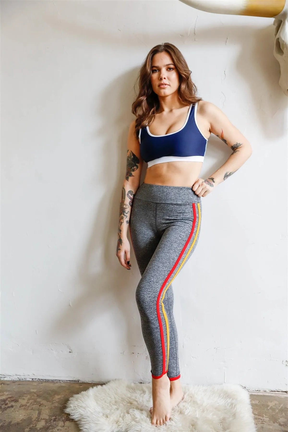 Heather Grey Striped Sports Yoga Legging /3-1-1 - Tasha Apparel Wholesale