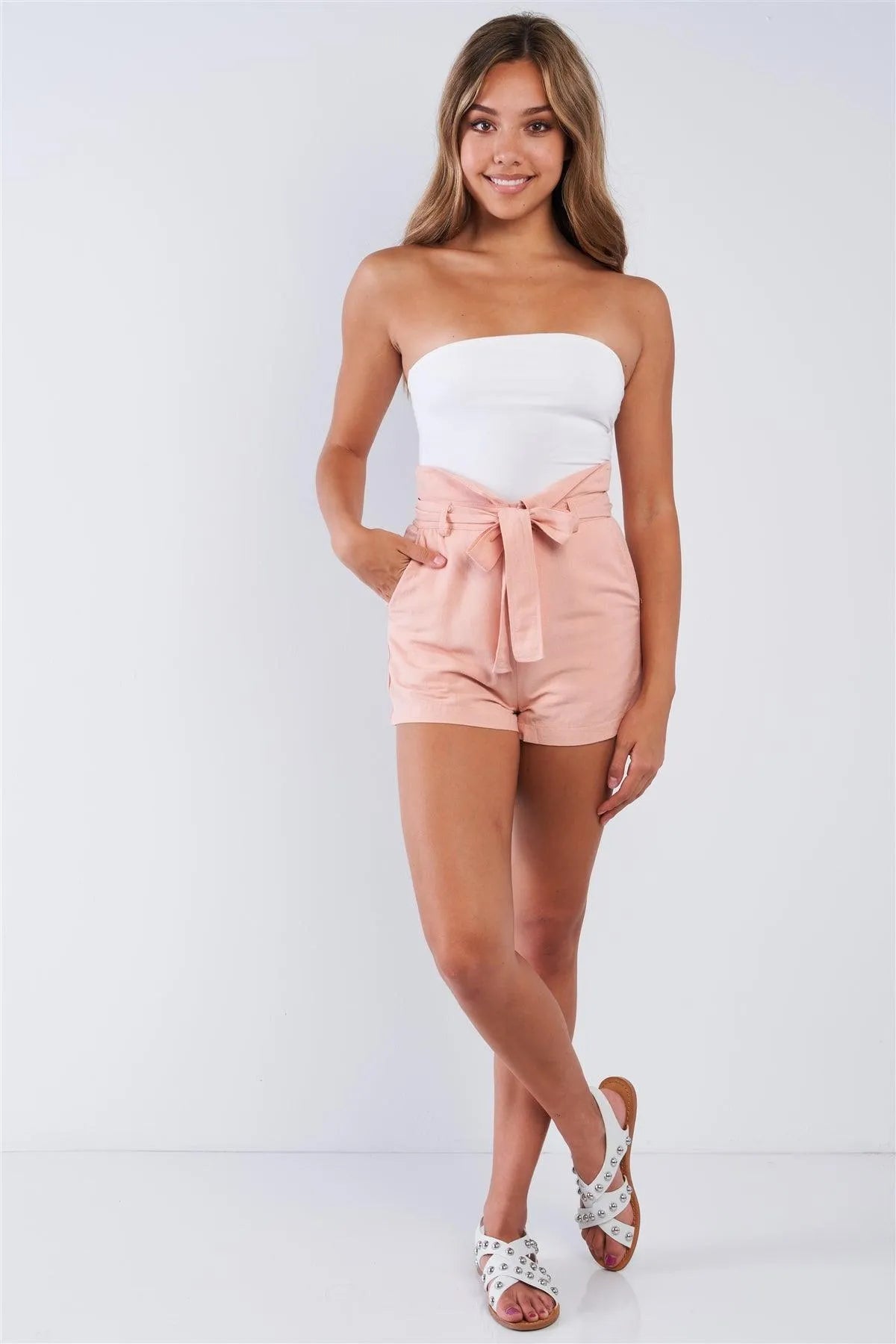 Flamingo Pink Collared High Waist Hem Self Tie Belt Shorts /3-2-1 - Tasha Apparel Wholesale
