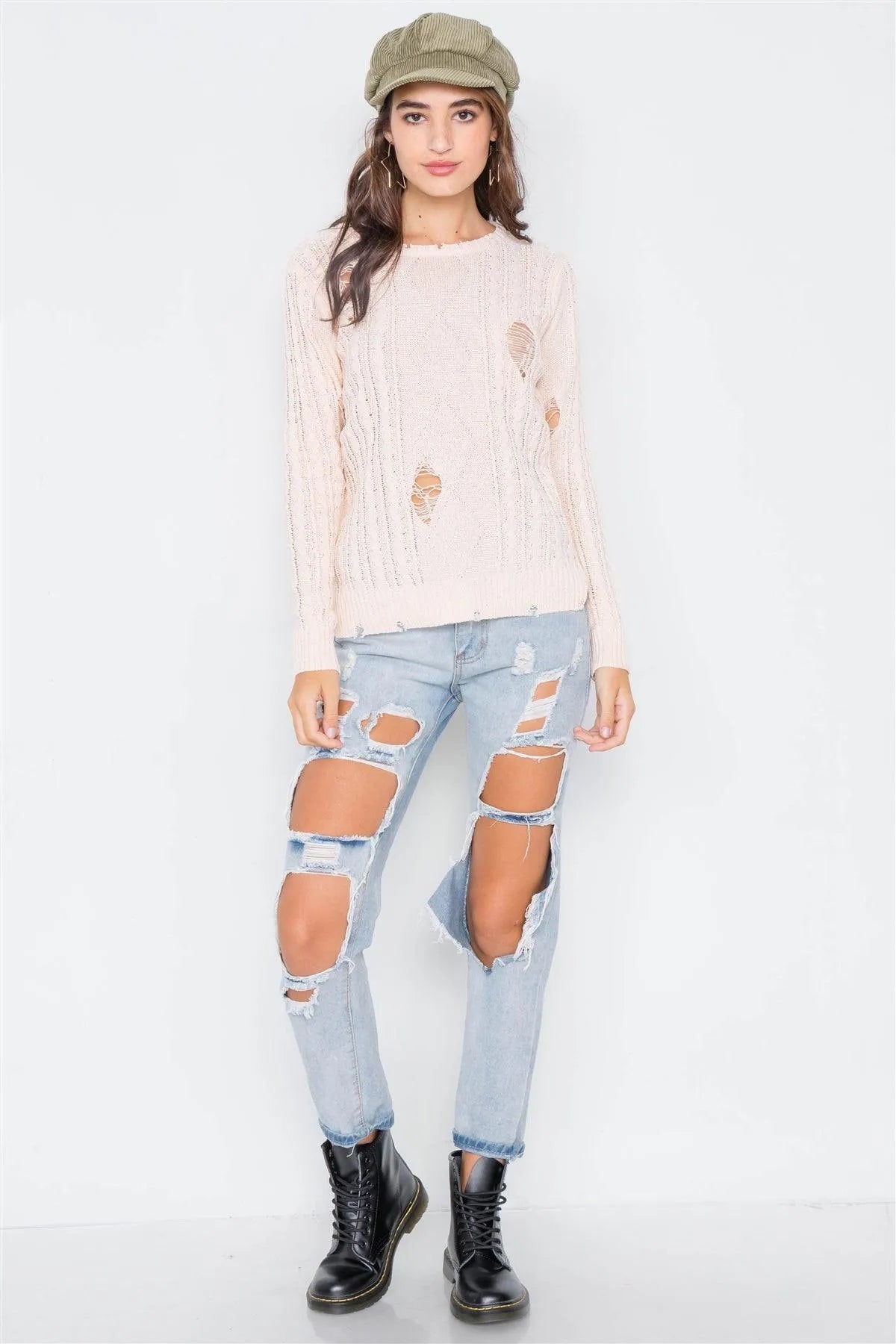 Peach Distressed High-Low Knit Sweater /2-2-2 - Tasha Apparel Wholesale