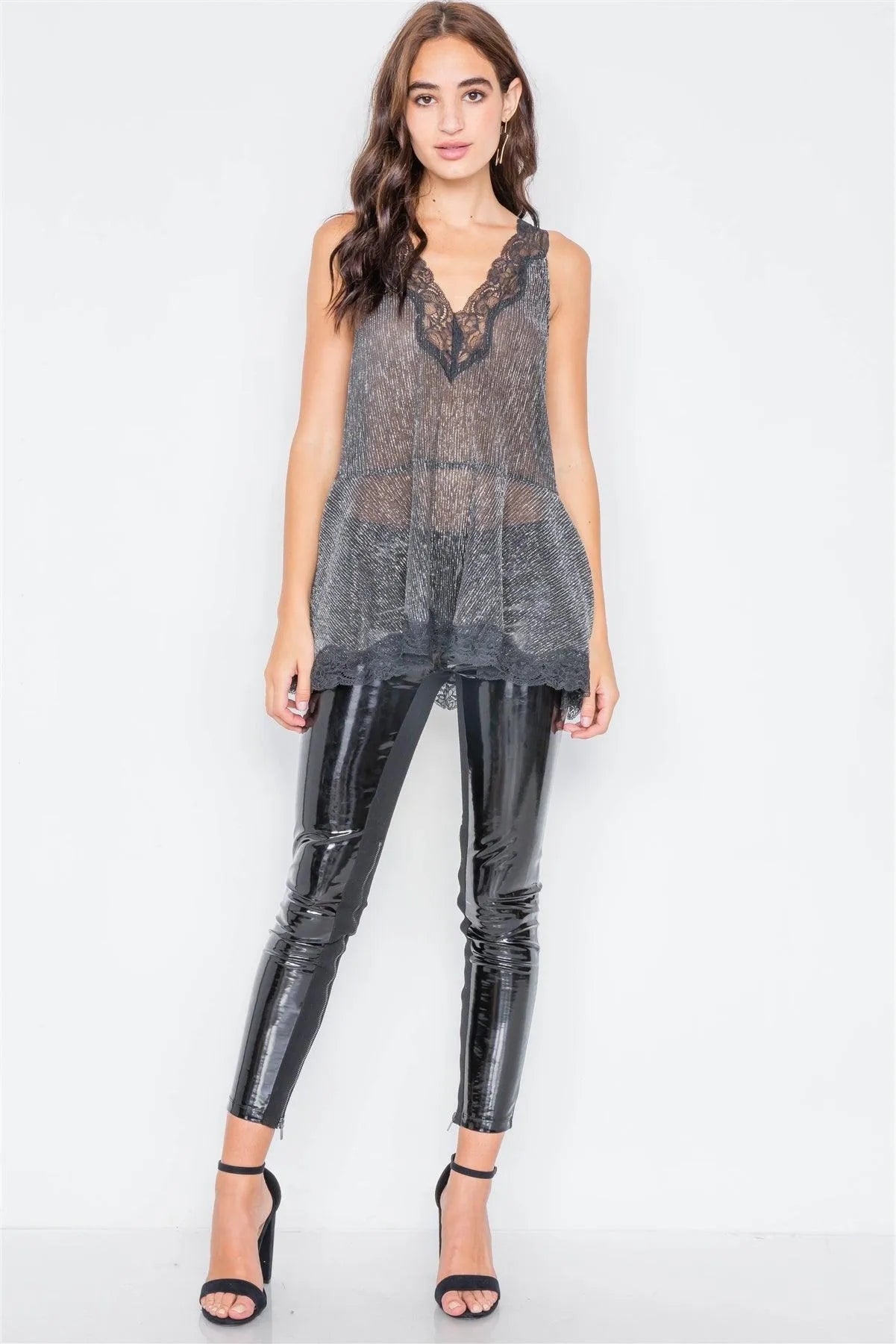 Sheer Black Lace Trim Cut-Out Razor Back Top /3-2-1 - Tasha Apparel Wholesale