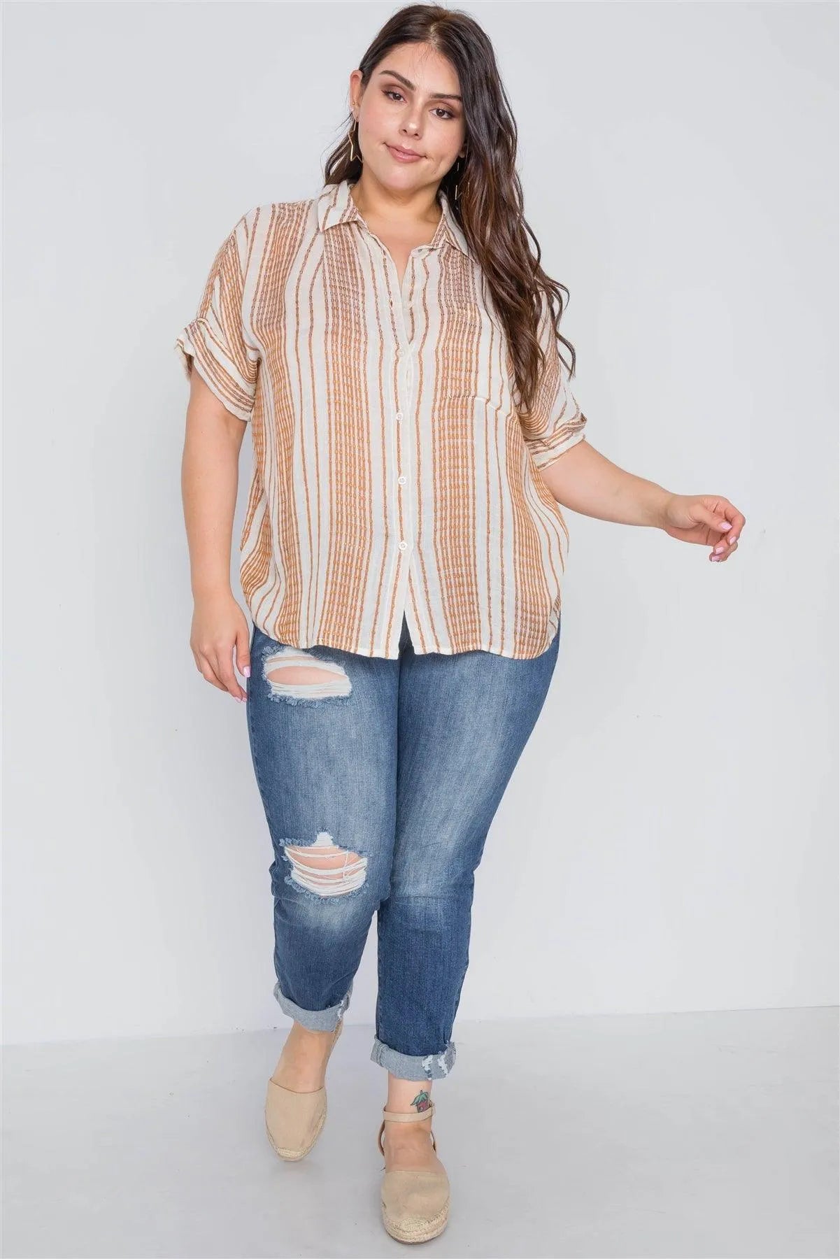 Plus Size Cream Camel Stripe Short Sleeve Top /2-2-2 - Tasha Apparel Wholesale