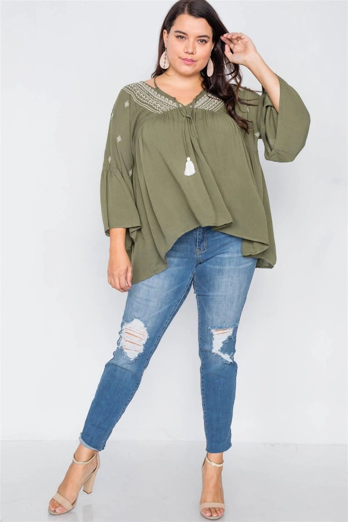 Plus Size Olive Boho Embroidered Lace-Up High-Low Top /2-2-2 - Tasha Apparel Wholesale