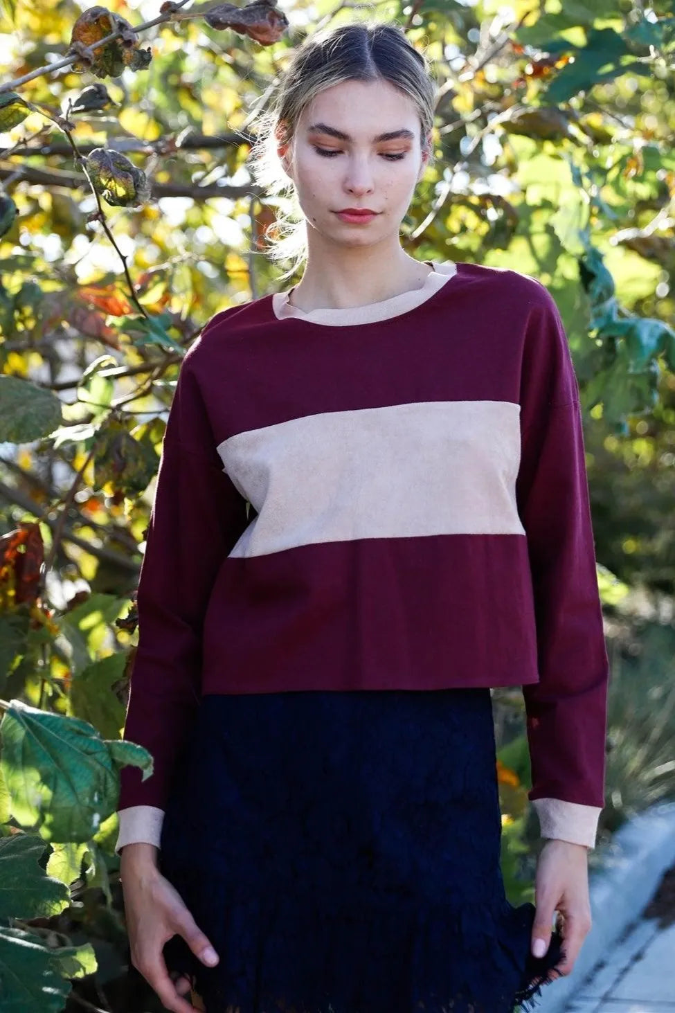 Burgundy Cotton Colorblock Long Sleeve Crop Top /2-2-2 - Tasha Apparel Wholesale