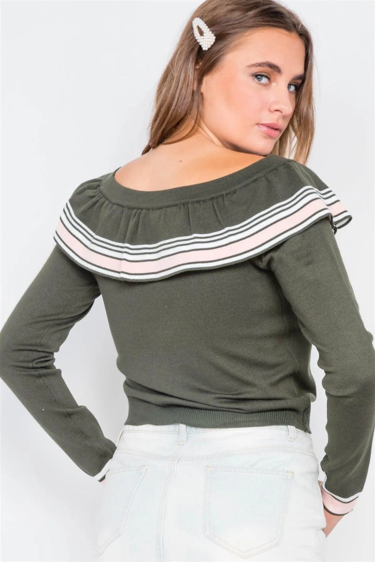 Olive Pink Colorblock Long Sleeve Knit Sweater /2-2 - Tasha Apparel Wholesale