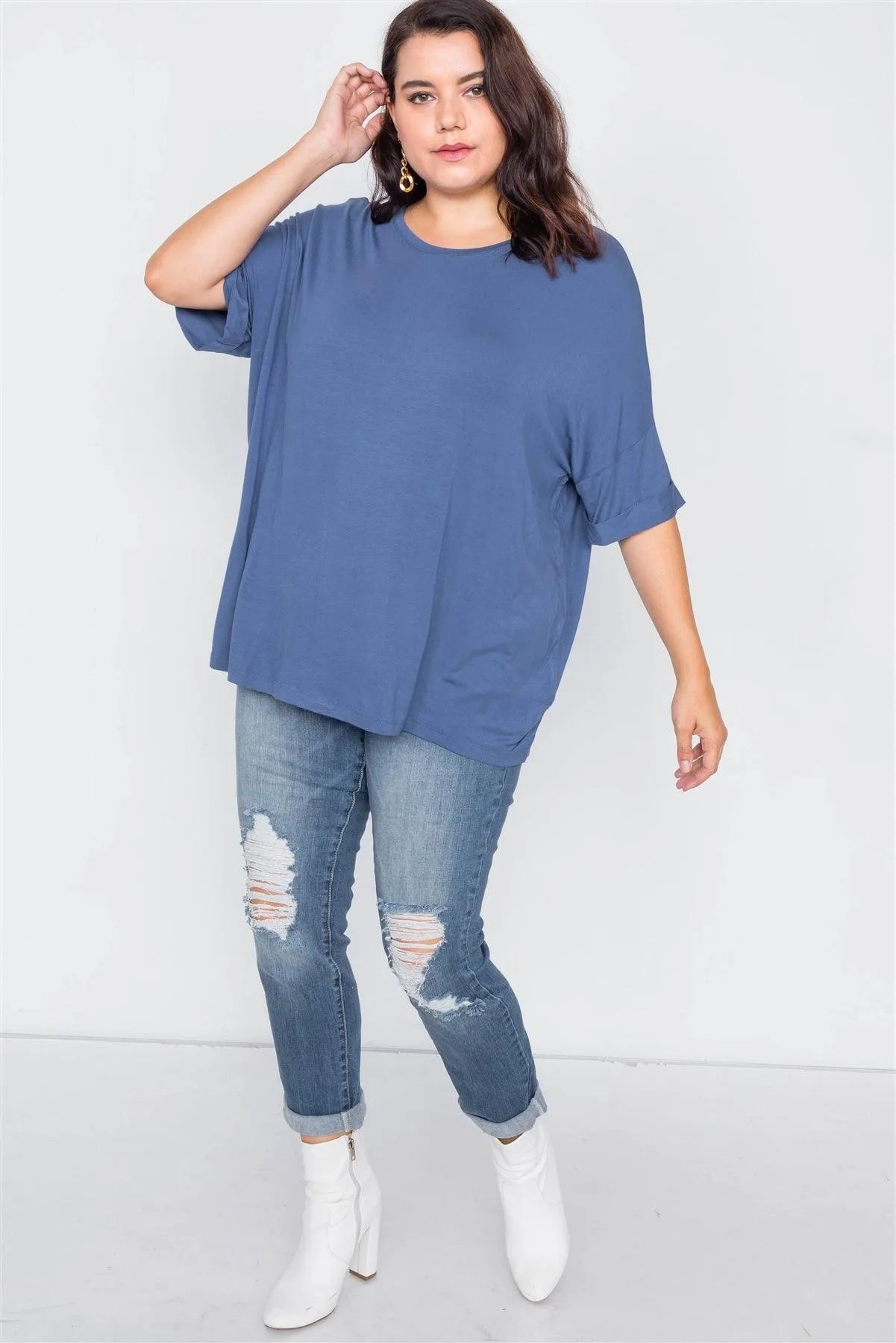 Junior Plus Size Denim Batwing Short Sleeve Drop-Shoulder Top /2-2-2 - Tasha Apparel Wholesale
