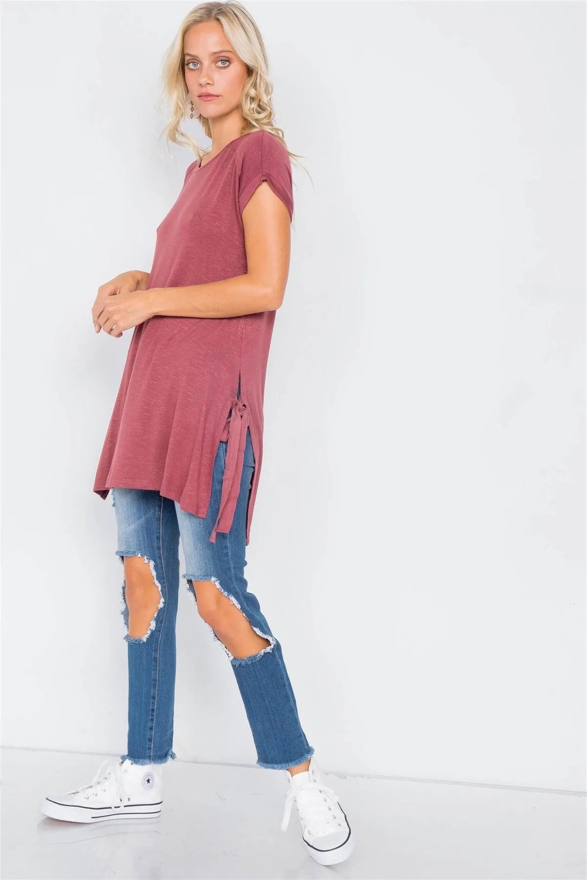 Wine Rose High-Low Rolled Sleeves Side Slit Self-Tie Tunic Top /1-3-2 - Tasha Apparel Wholesale