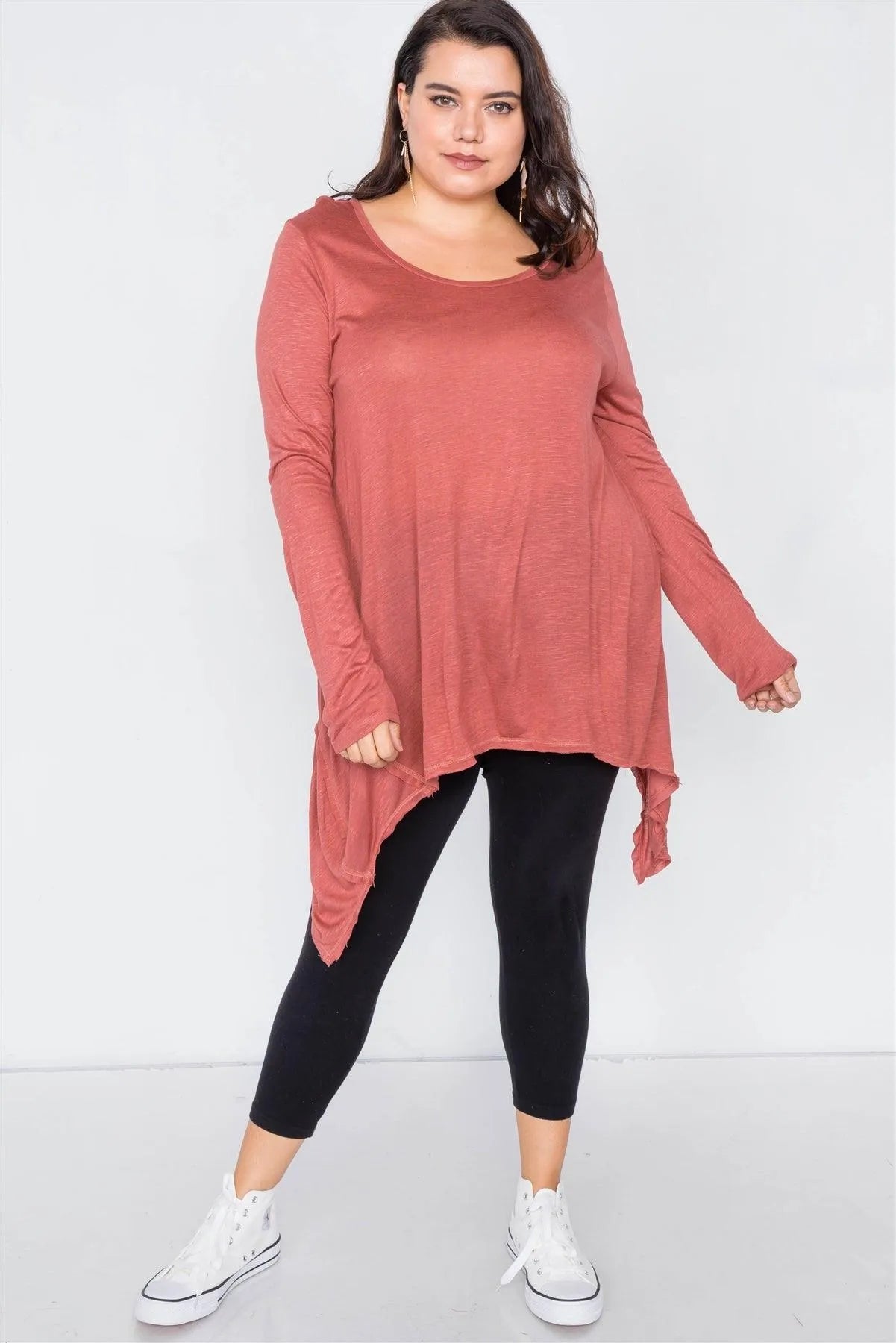 Plus Size Solid Rust Shark Bite Raw Hem Top /3-2-2 - Tasha Apparel Wholesale
