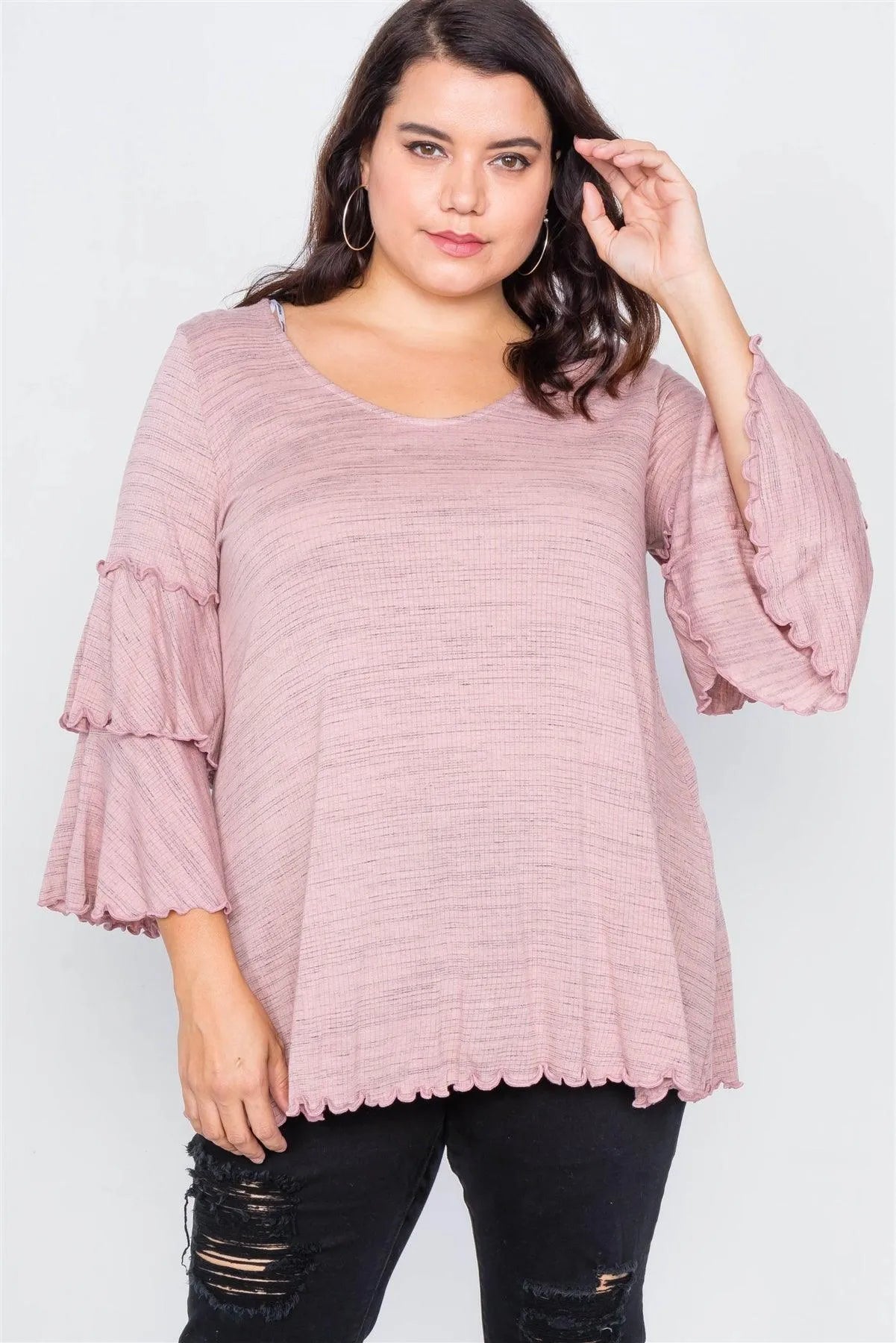 Plus Size Pink Tiered Ruffle Bell Sleeve Scoop Neck Top /2-2 - Tasha Apparel Wholesale