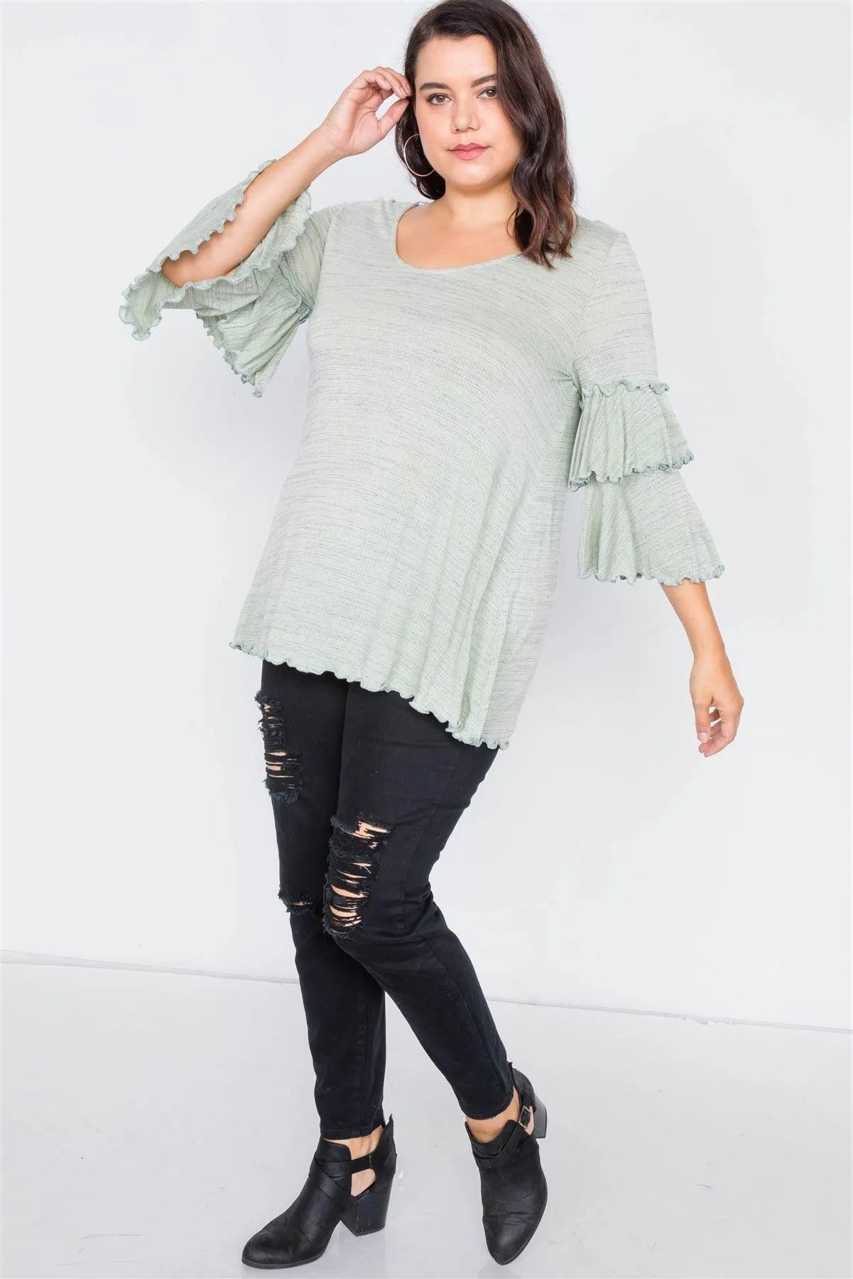 Plus Size Sage Tiered Ruffle Bell Sleeve Scoop Neck Top /2-2 - Tasha Apparel Wholesale