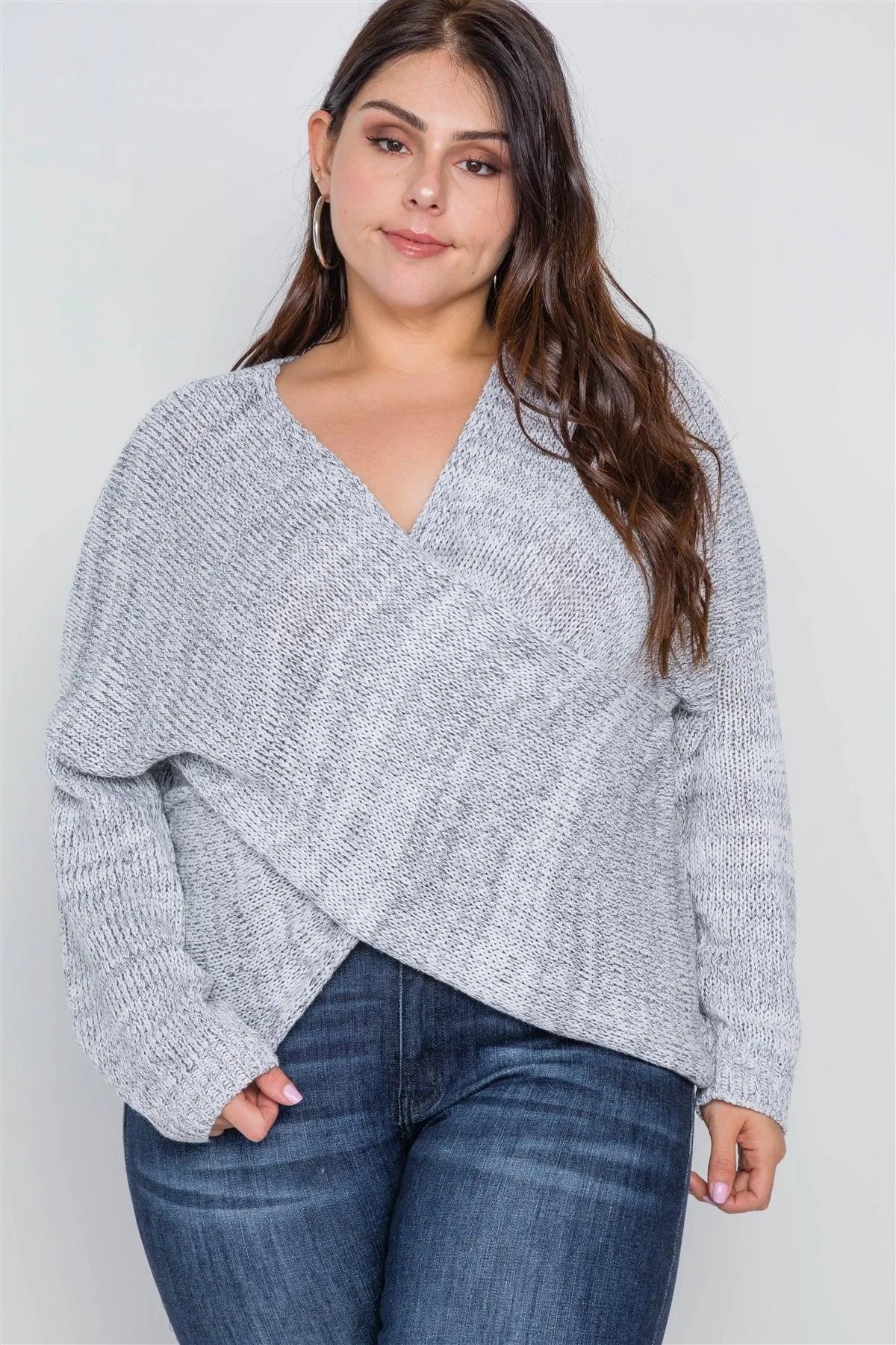 Plus Size Grey Heathered Cross-Front Knit Sweater /4-2 - Tasha Apparel Wholesale