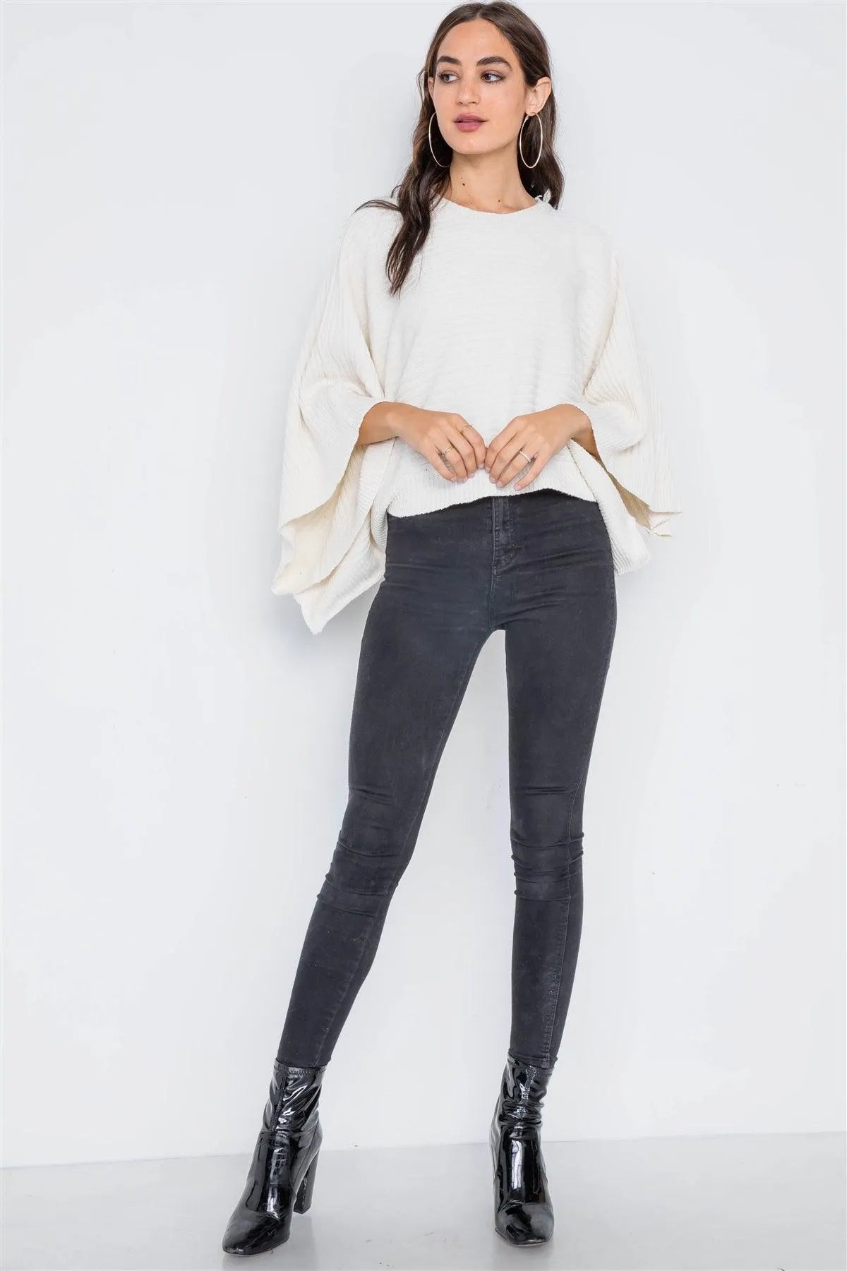 Ivory Ribbed Kimono Sleeves Knit Sweater - Tasha Apparel Wholesale