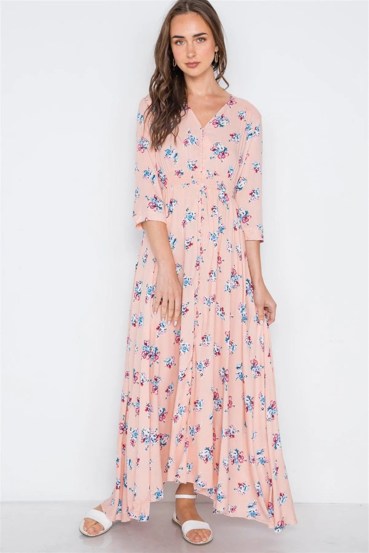 Pink Floral Button Down 3/4 Sleeve Maxi Dress /2-2-2 - Tasha Apparel Wholesale