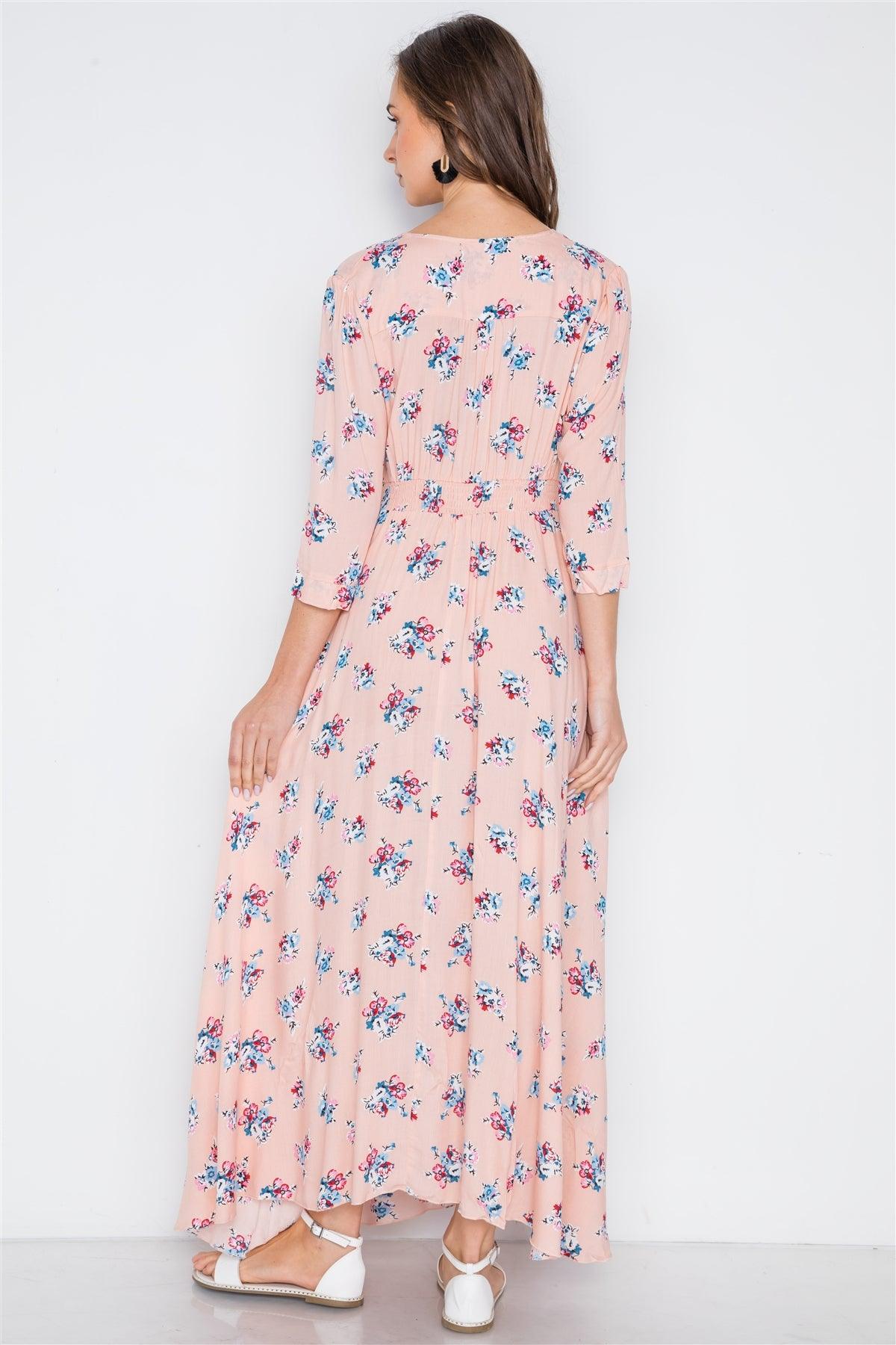 Pink Floral Button Down 3/4 Sleeve Maxi Dress