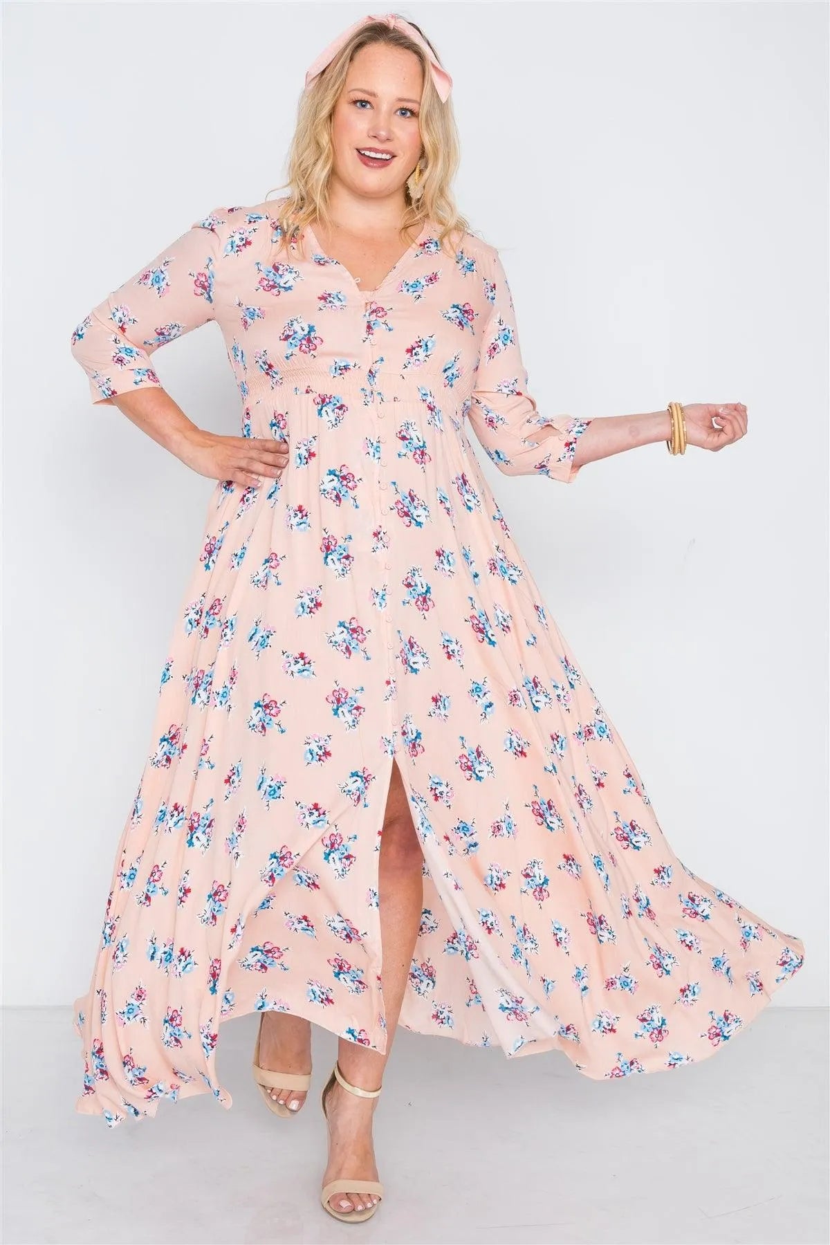 Plus Size Pink Floral Button Down Maxi Dress - Tasha Apparel Wholesale