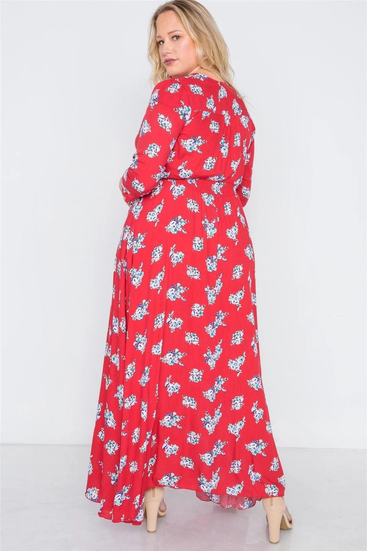 Red Floral Button Down 3/4 Sleeve Maxi Dress /2-2-3 - Tasha Apparel Wholesale