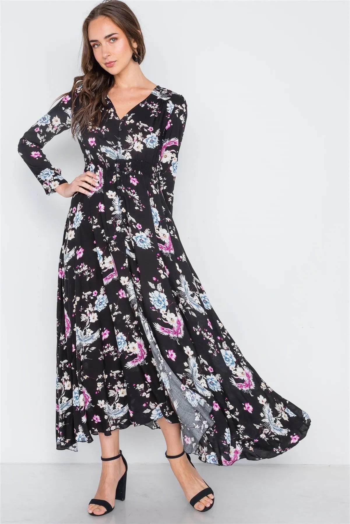Black Floral Button Down Long Sleeve Maxi Dress /2-2-2 - Tasha Apparel Wholesale