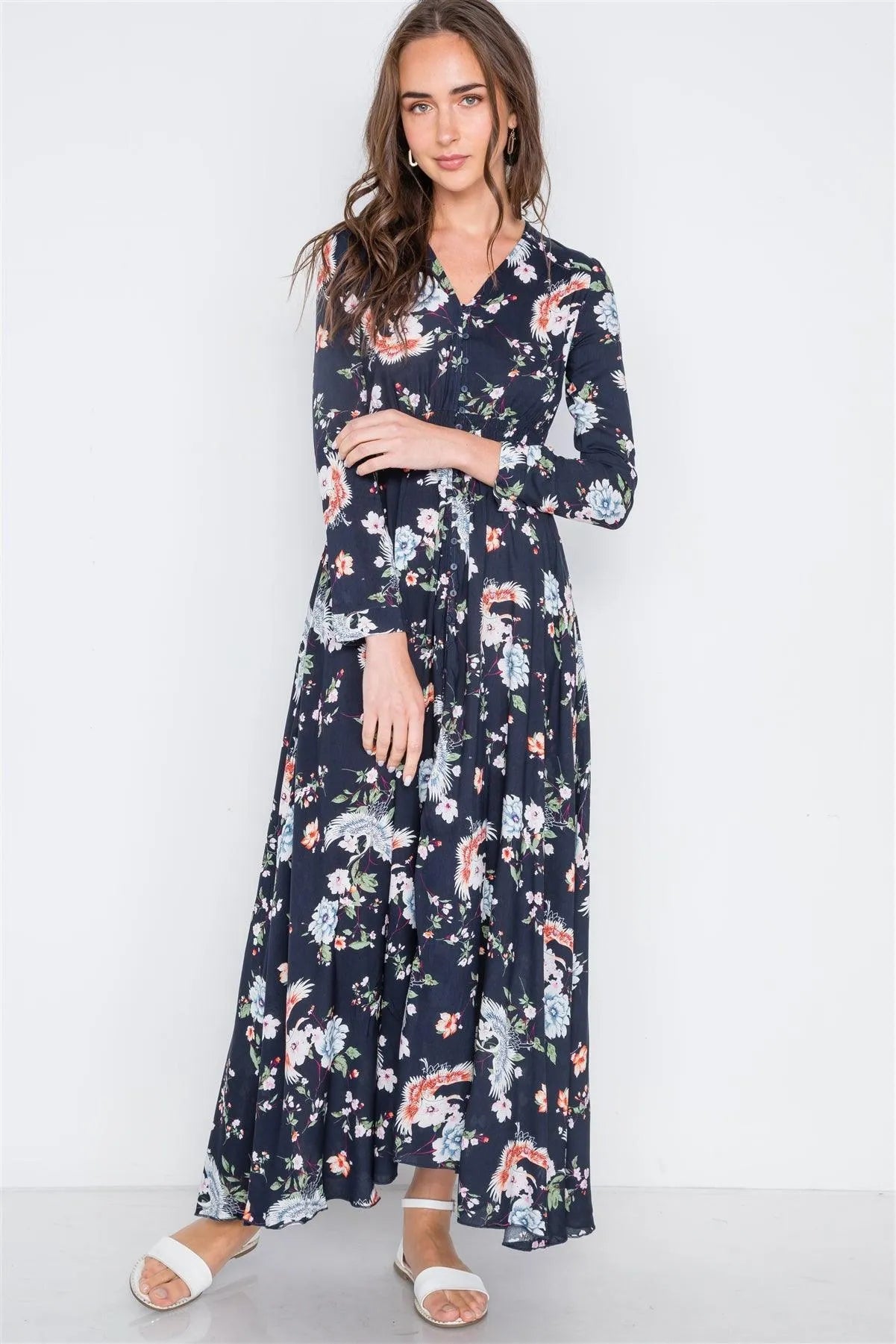 Dark Floral Button Down Long Sleeve Maxi Dress /2-2-2 - Tasha Apparel Wholesale
