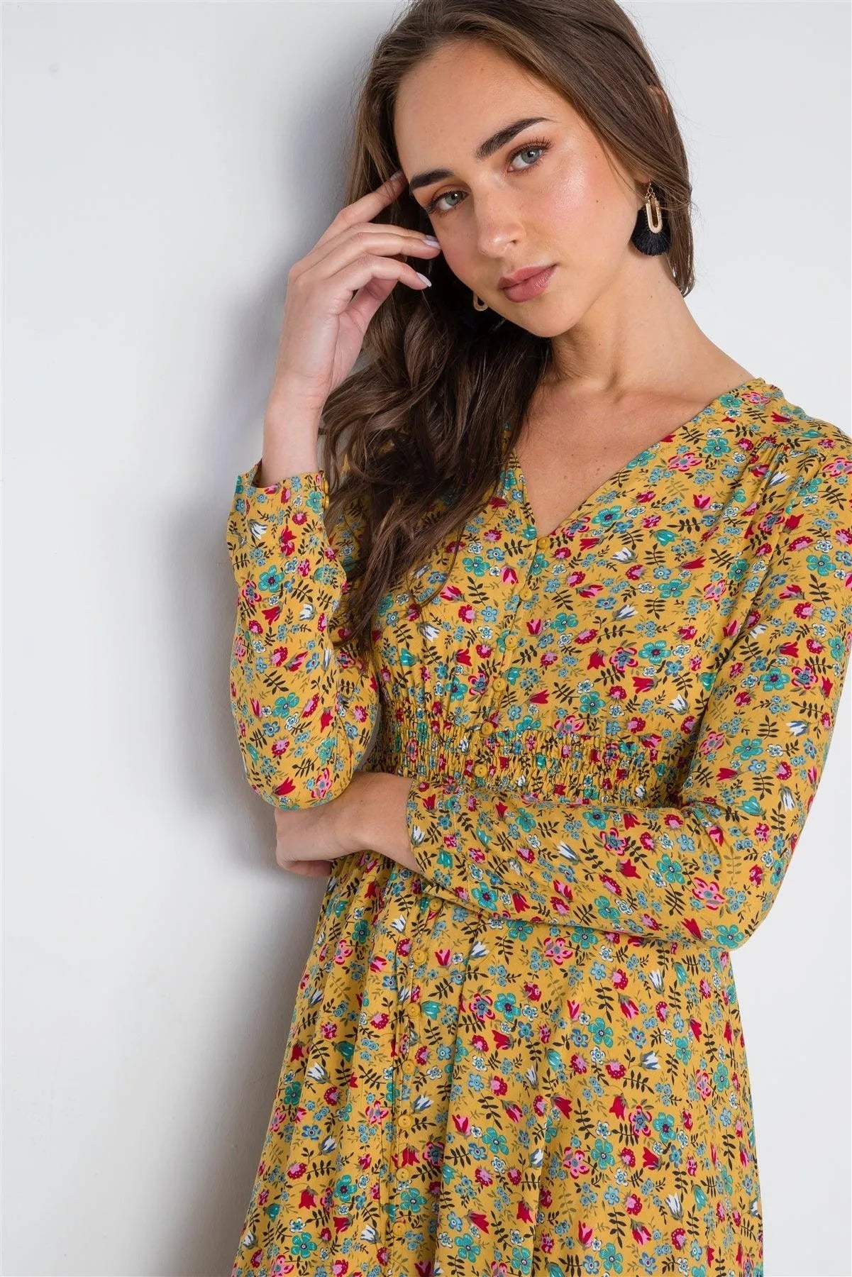Yellow Floral Button Down Long Sleeve Maxi Dress /2-2-2 - Tasha Apparel Wholesale