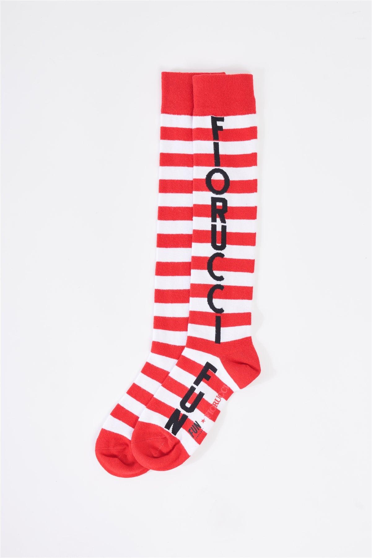 Fiorucci Fun Red & White Striped Knee Length Printed Logo Detail Women's Socks /3 Pairs