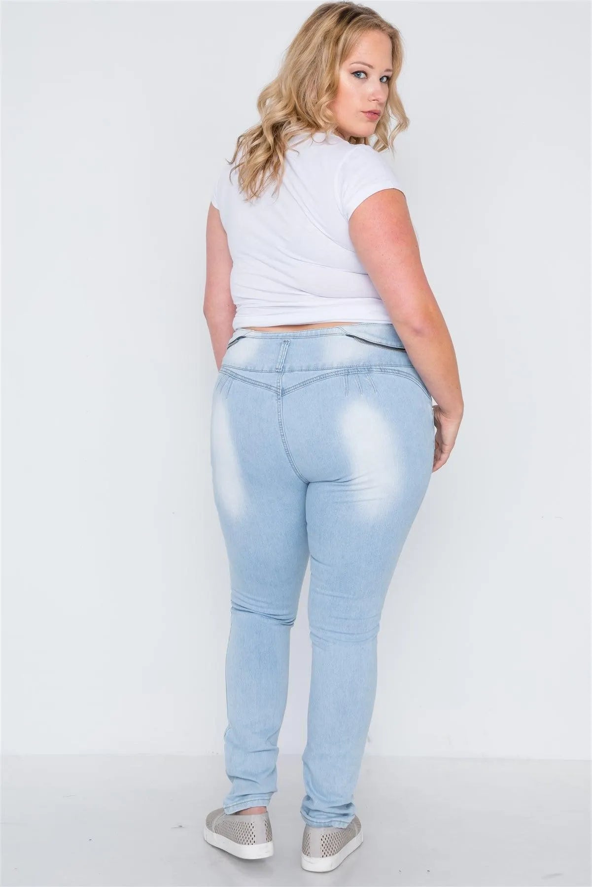Plus Size Light Denim Distresses Skinny Jeans /2-2-2-2-2 - Tasha Apparel Wholesale