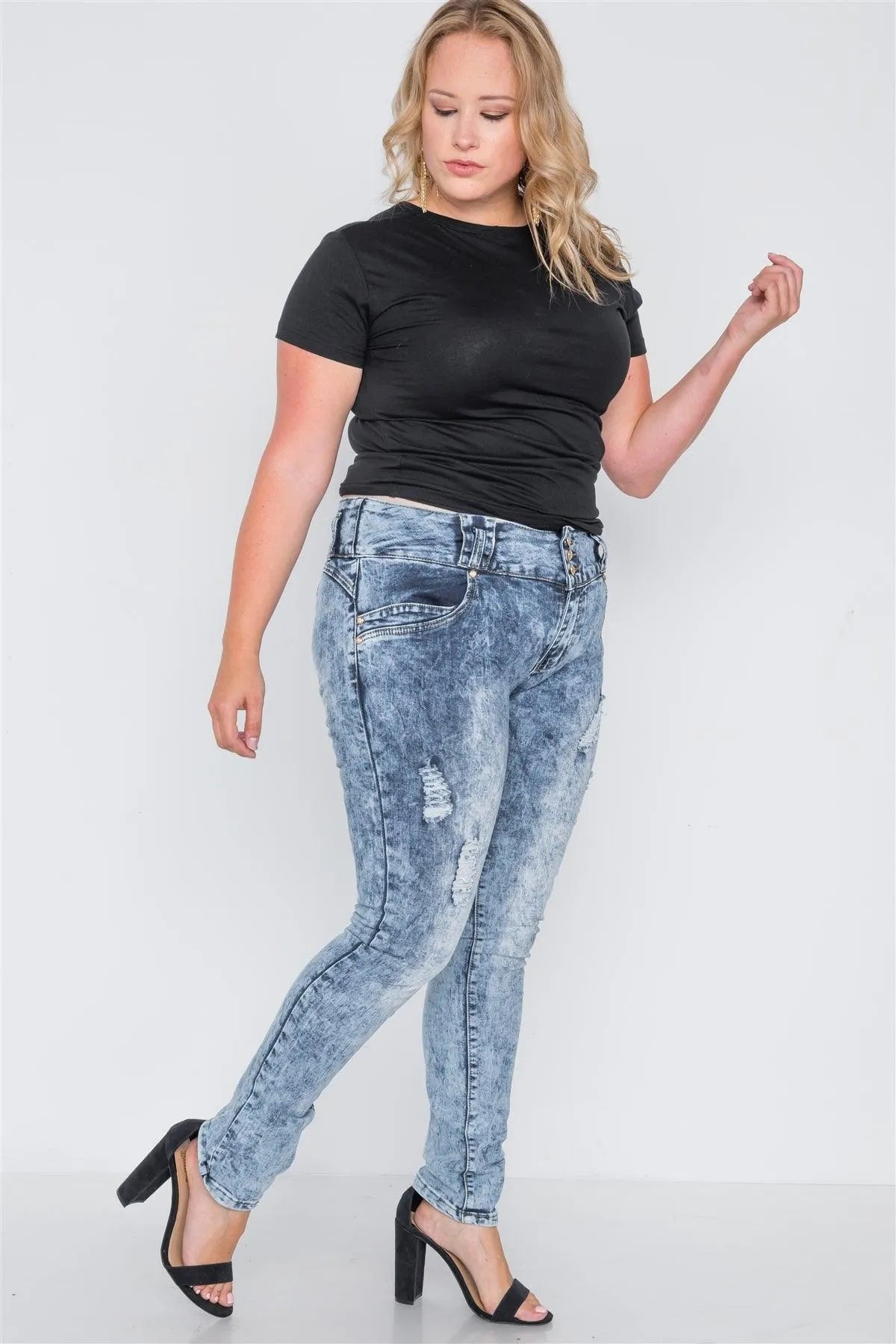 Plus Size Dark Denim Distressed Skinny Jeans /2-2-3-3-2 - Tasha Apparel Wholesale