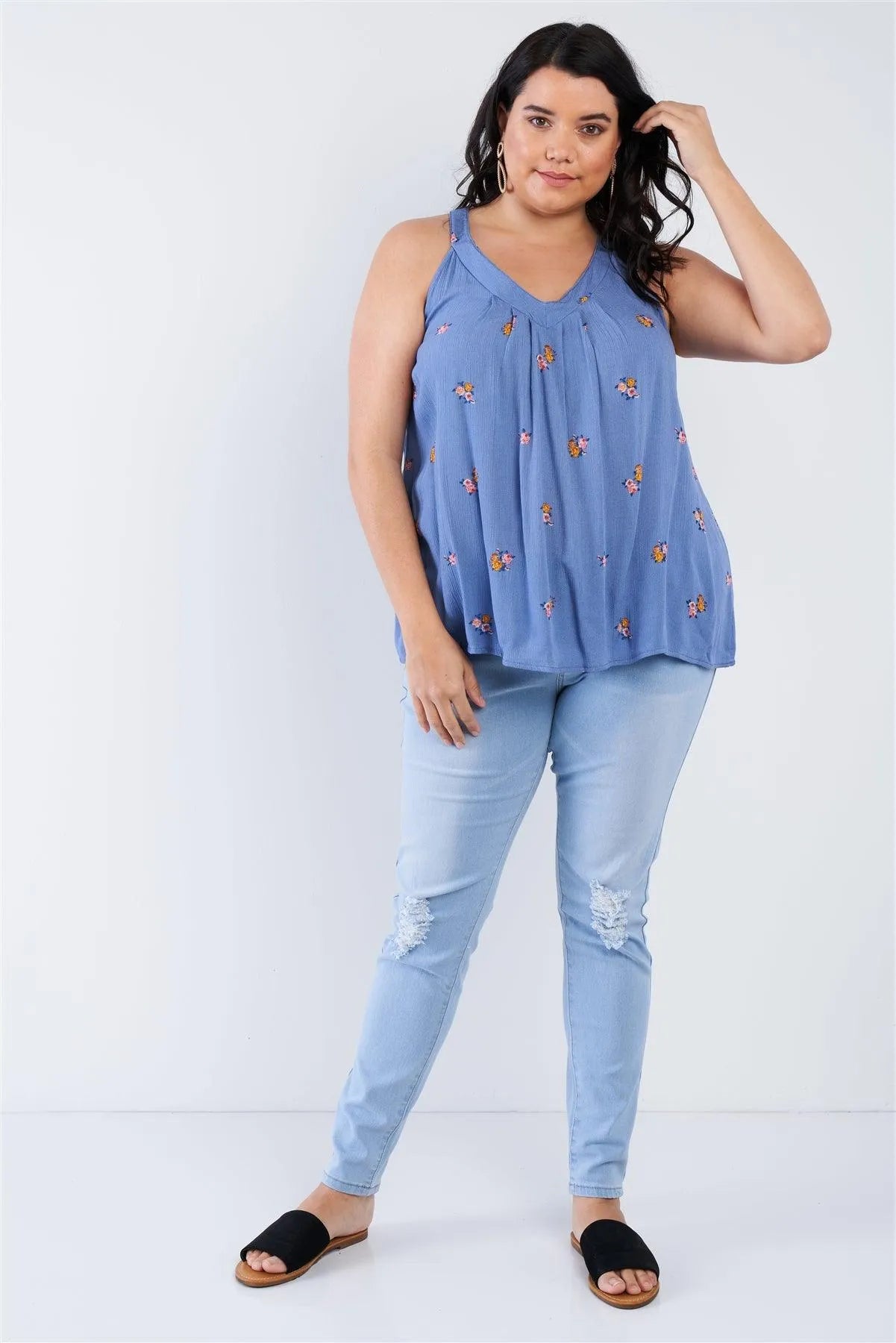 Junior Plus Size Light Blue Mid-Rise Distressed Denim Pants /1-2-3-3-2-1 - Tasha Apparel Wholesale